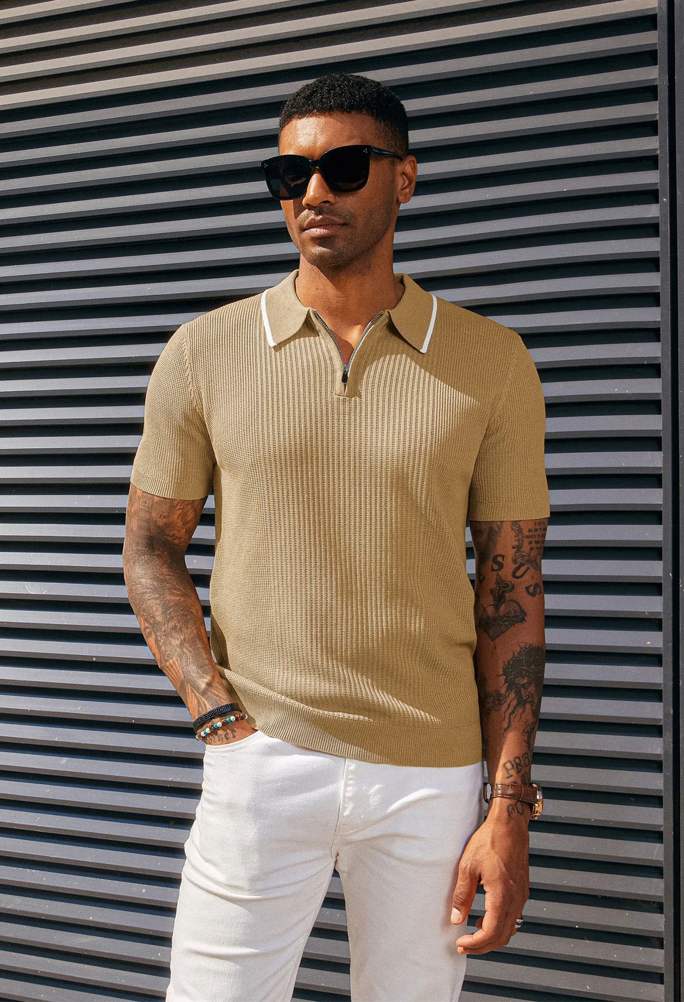 Men Stylish Lapel Collar Knitted Polo-Shirt Short Sleeve Zip-up Neck Knitwear - Image 27
