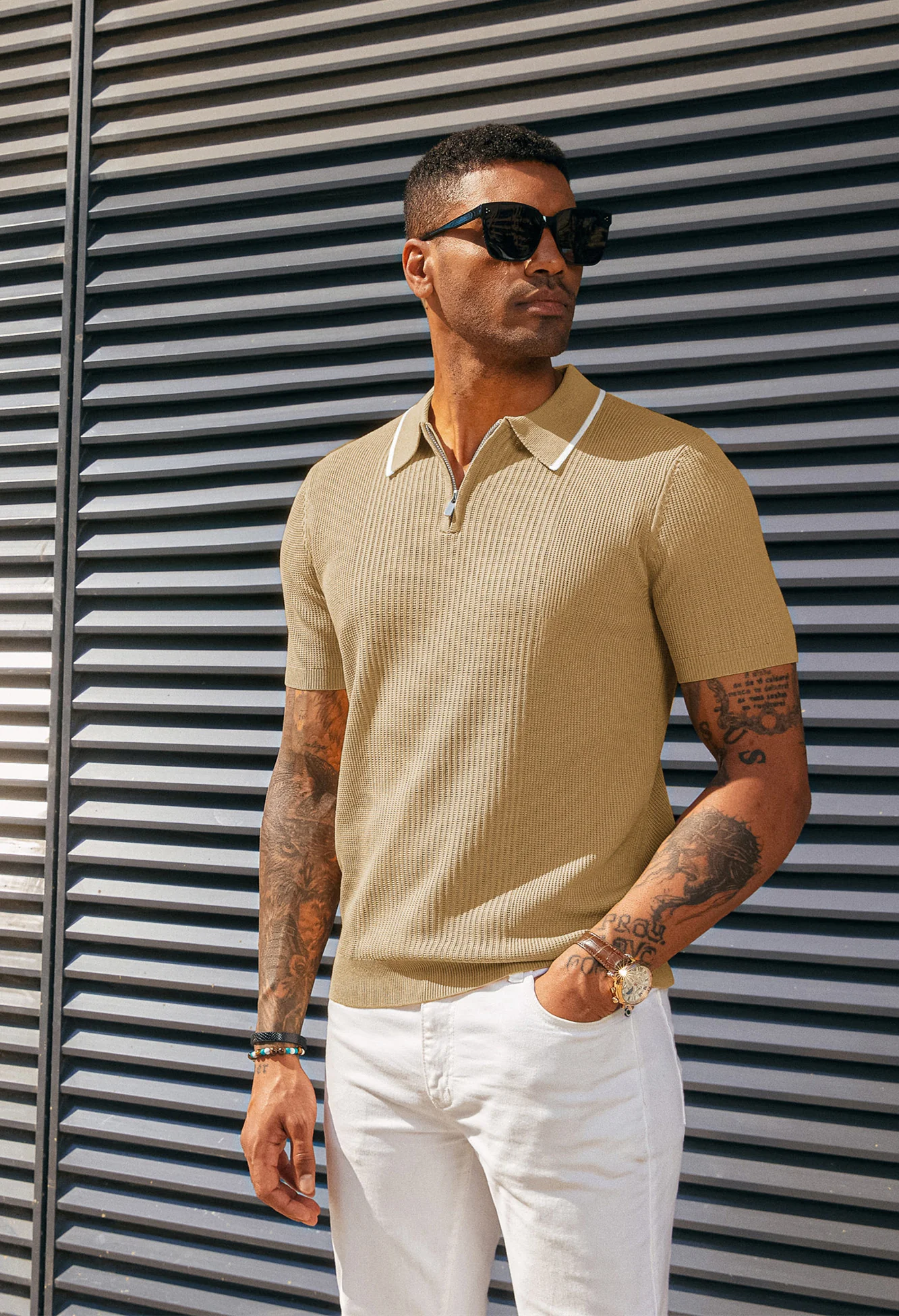 Men Stylish Lapel Collar Knitted Polo-Shirt Short Sleeve Zip-up Neck Knitwear - Image 29