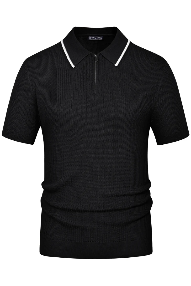 Men Stylish Lapel Collar Knitted Polo-Shirt Short Sleeve Zip-up Neck Knitwear - Image 3