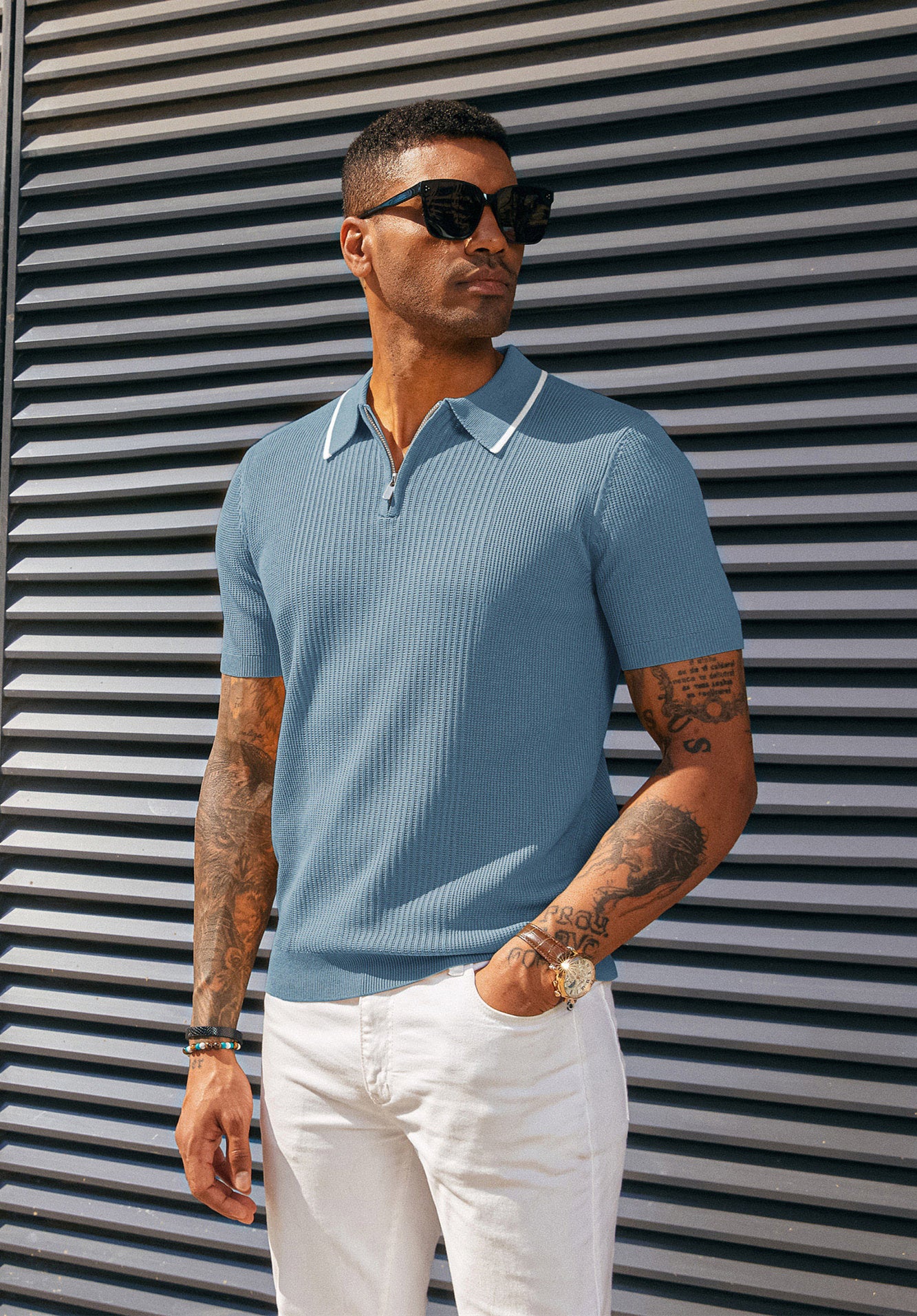 Men Stylish Lapel Collar Knitted Polo-Shirt Short Sleeve Zip-up Neck Knitwear - Image 33