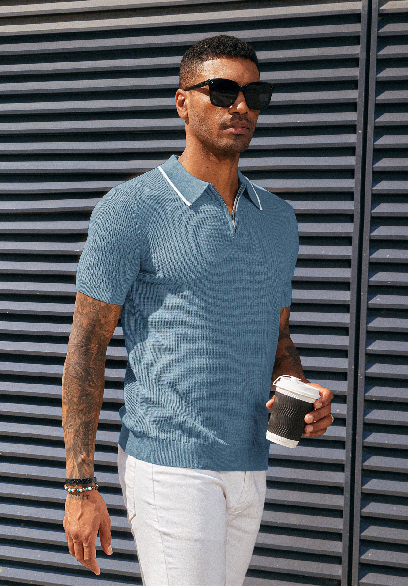 Men Stylish Lapel Collar Knitted Polo-Shirt Short Sleeve Zip-up Neck Knitwear - Image 34