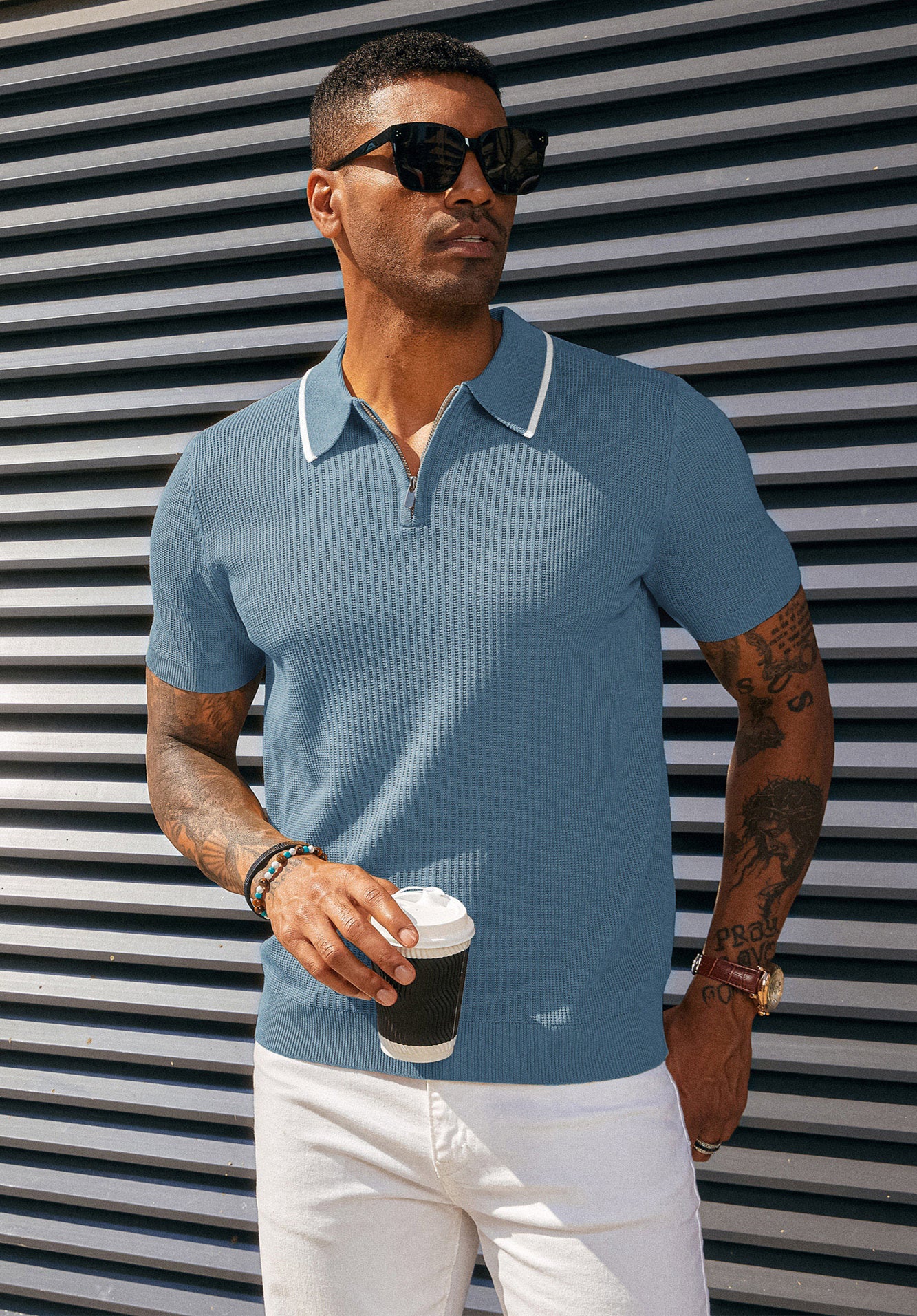 Men Stylish Lapel Collar Knitted Polo-Shirt Short Sleeve Zip-up Neck Knitwear - Image 35