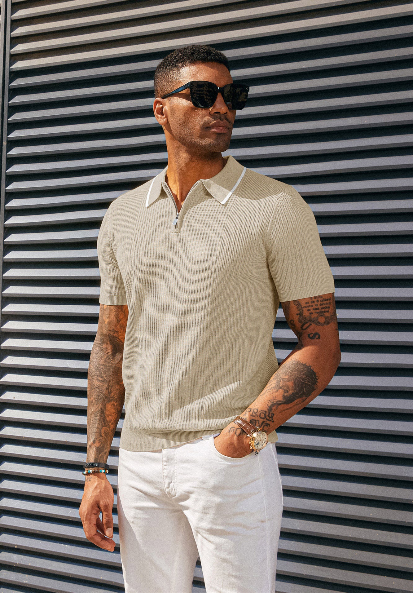 Men Stylish Lapel Collar Knitted Polo-Shirt Short Sleeve Zip-up Neck Knitwear - Image 38