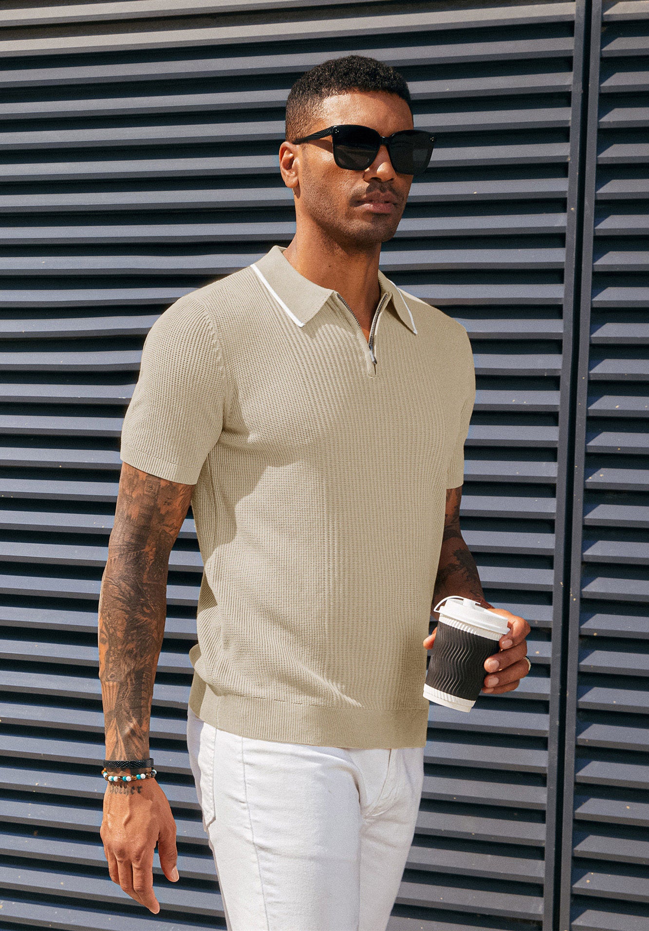 Men Stylish Lapel Collar Knitted Polo-Shirt Short Sleeve Zip-up Neck Knitwear - Image 39