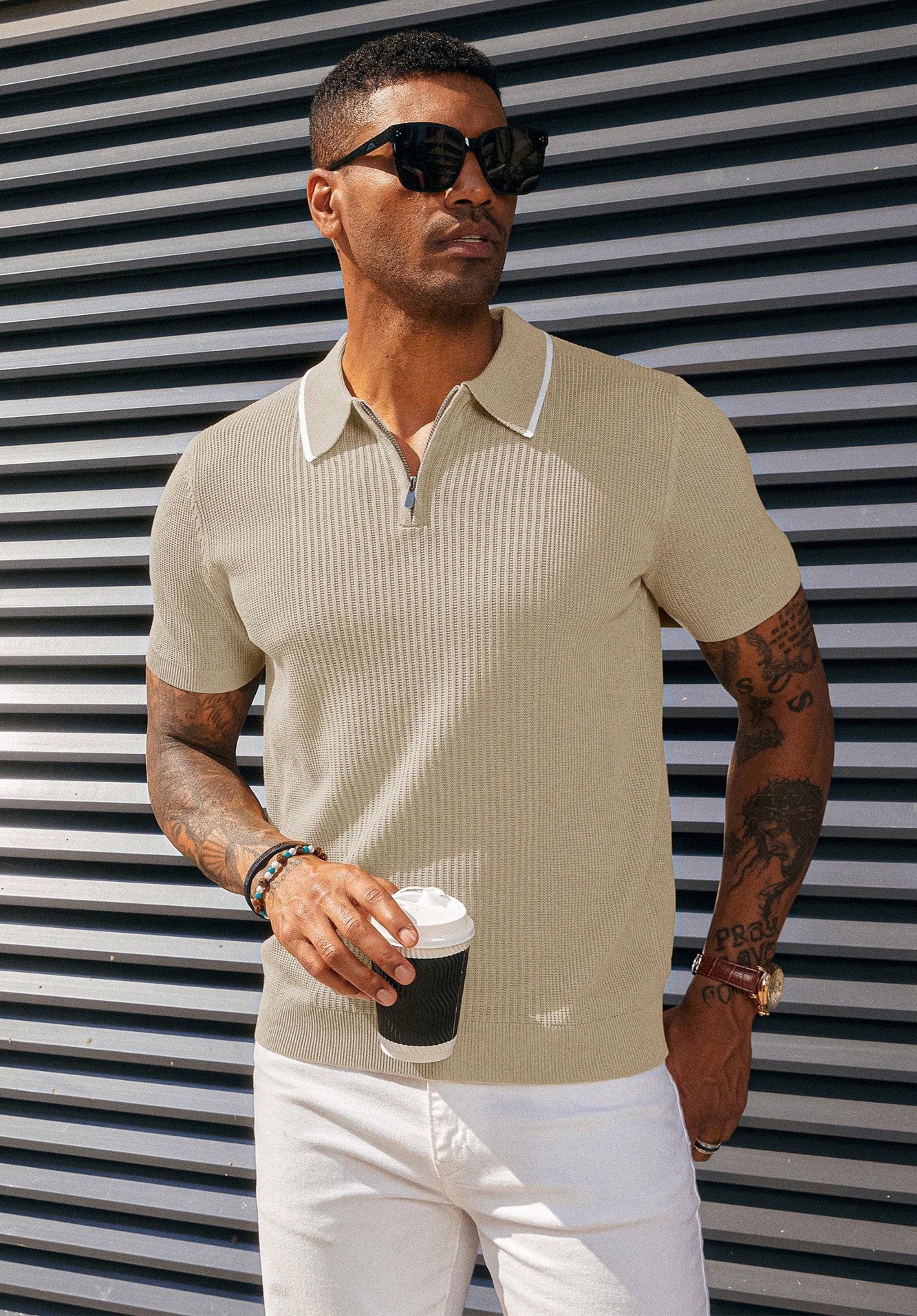 Men Stylish Lapel Collar Knitted Polo-Shirt Short Sleeve Zip-up Neck Knitwear - Image 40