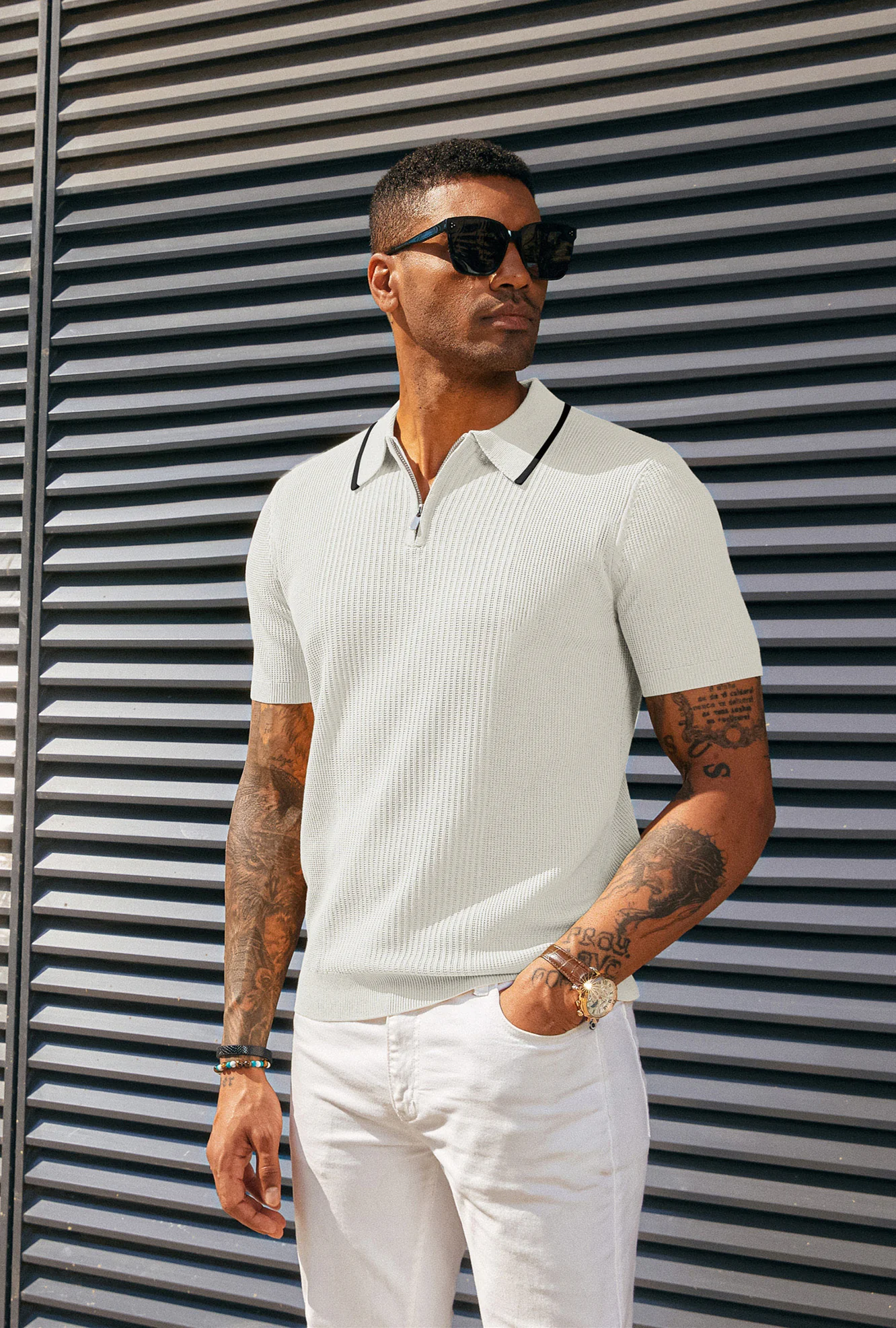 Men Stylish Lapel Collar Knitted Polo-Shirt Short Sleeve Zip-up Neck Knitwear - Image 42