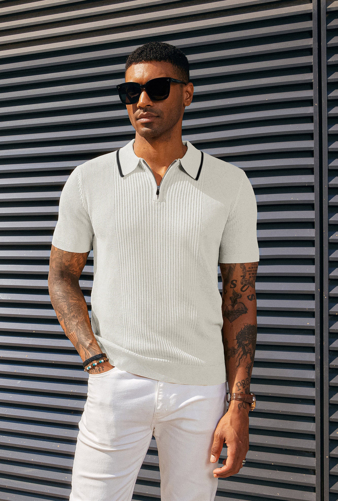 Men Stylish Lapel Collar Knitted Polo-Shirt Short Sleeve Zip-up Neck Knitwear - Image 43