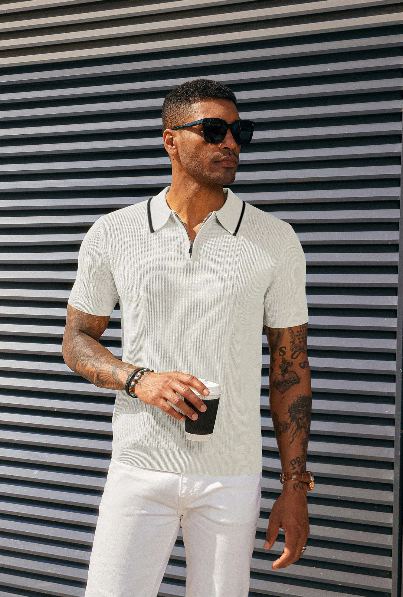 Men Stylish Lapel Collar Knitted Polo-Shirt Short Sleeve Zip-up Neck Knitwear - Image 44