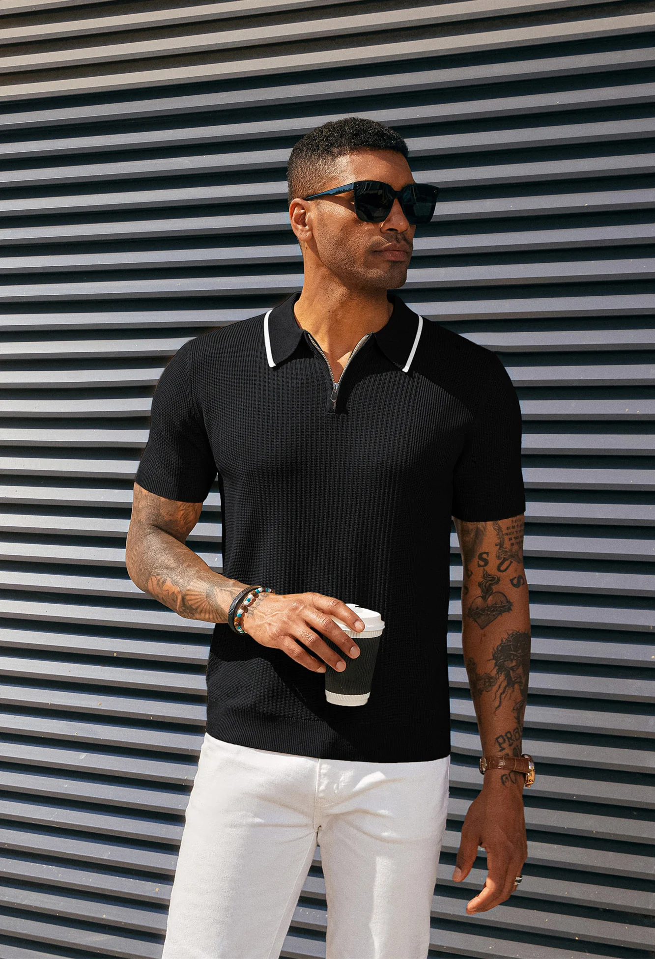 Men Stylish Lapel Collar Knitted Polo-Shirt Short Sleeve Zip-up Neck Knitwear - Image 5