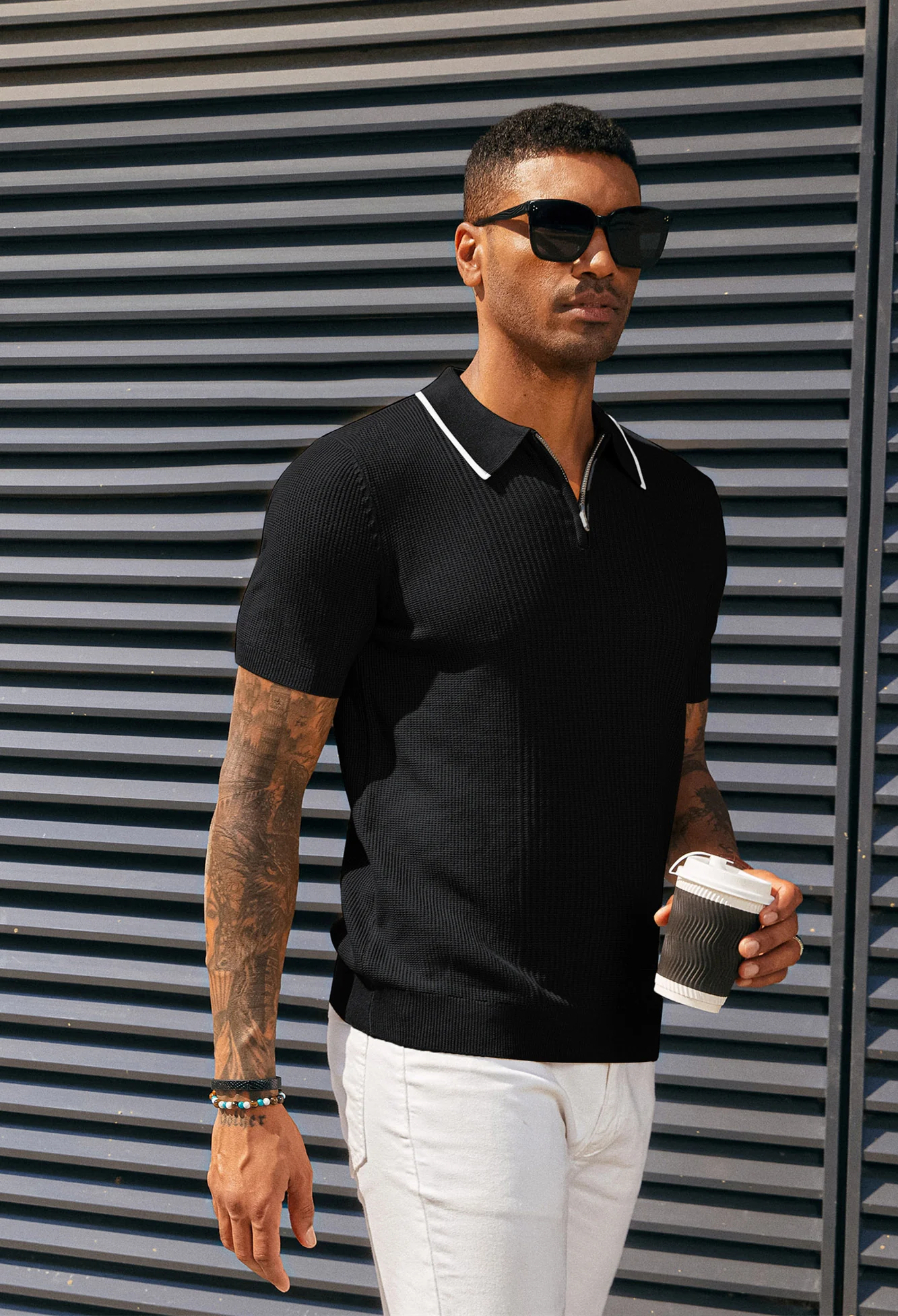 Men Stylish Lapel Collar Knitted Polo-Shirt Short Sleeve Zip-up Neck Knitwear - Image 6