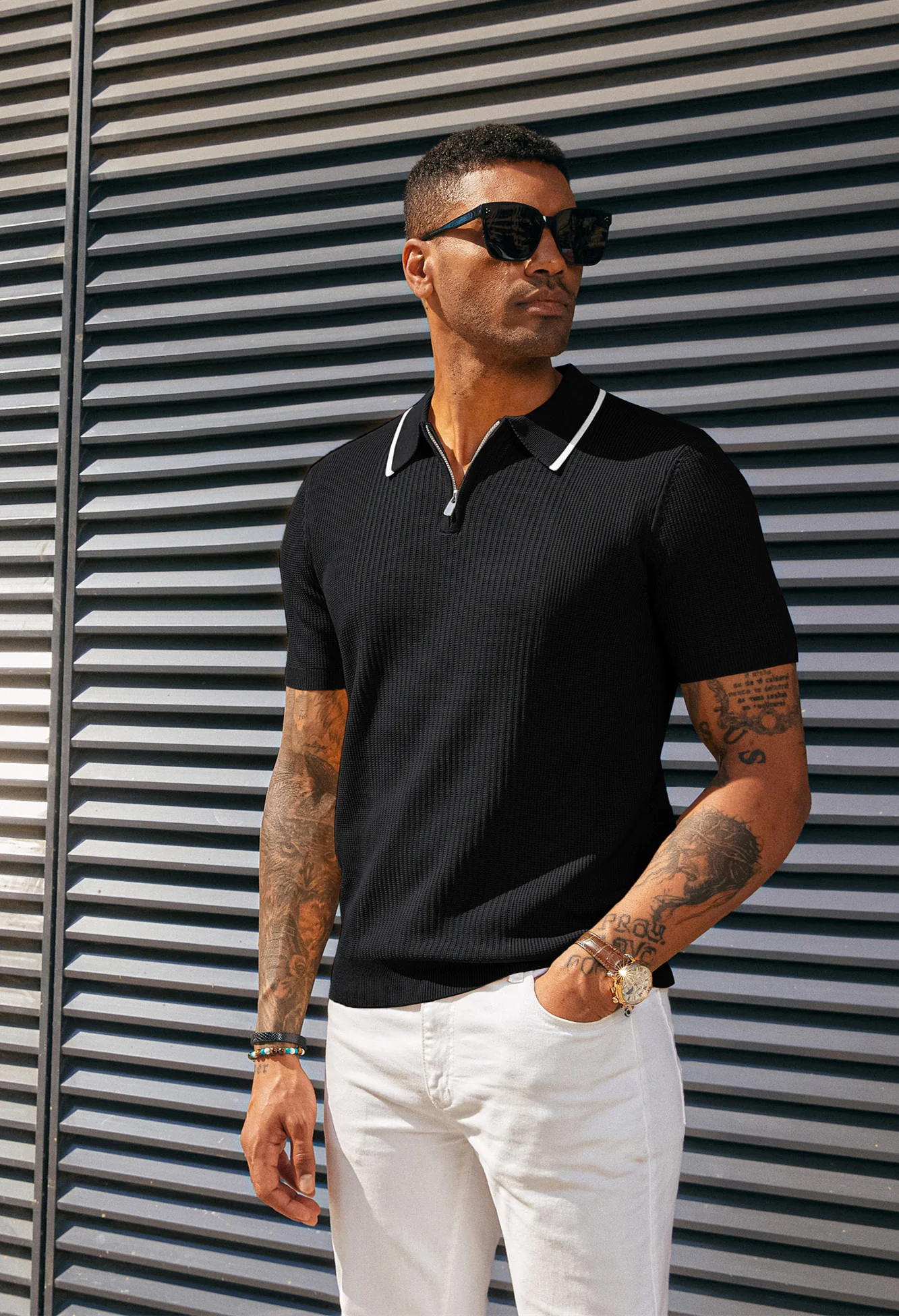 Men Stylish Lapel Collar Knitted Polo-Shirt Short Sleeve Zip-up Neck Knitwear - Image 7