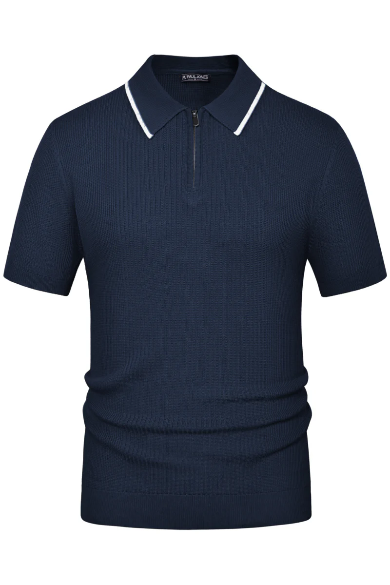 Men Stylish Lapel Collar Knitted Polo-Shirt Short Sleeve Zip-up Neck Knitwear - Image 8