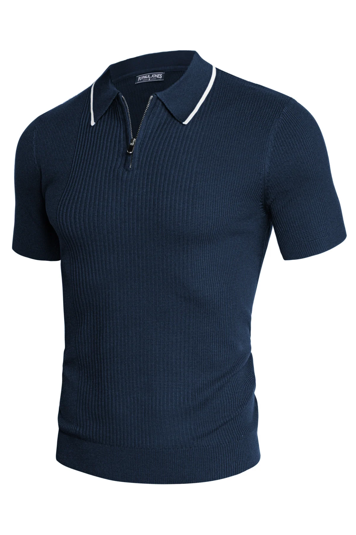Men Stylish Lapel Collar Knitted Polo-Shirt Short Sleeve Zip-up Neck Knitwear - Image 9
