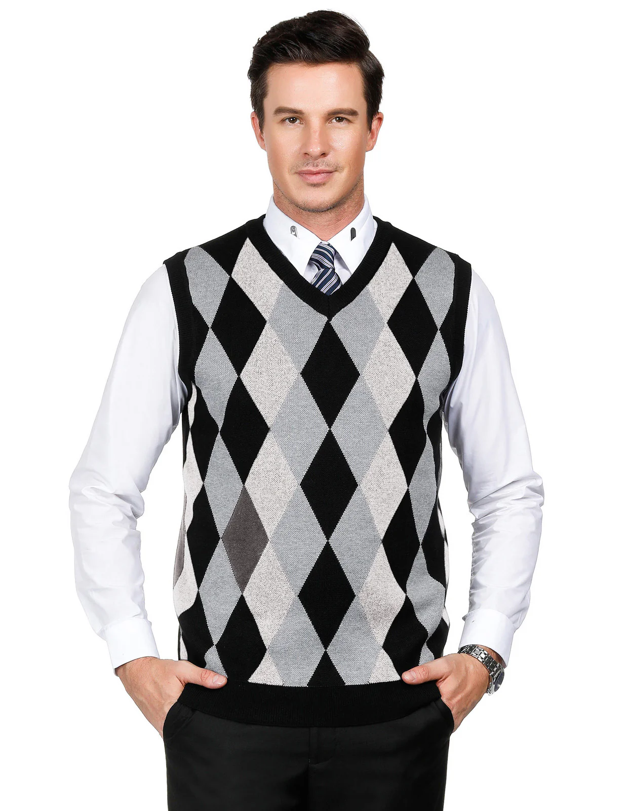 Men Stylish Sleeveless V-Neck Contrast Color Pullover Knitting Vest Knitwear - Image 10