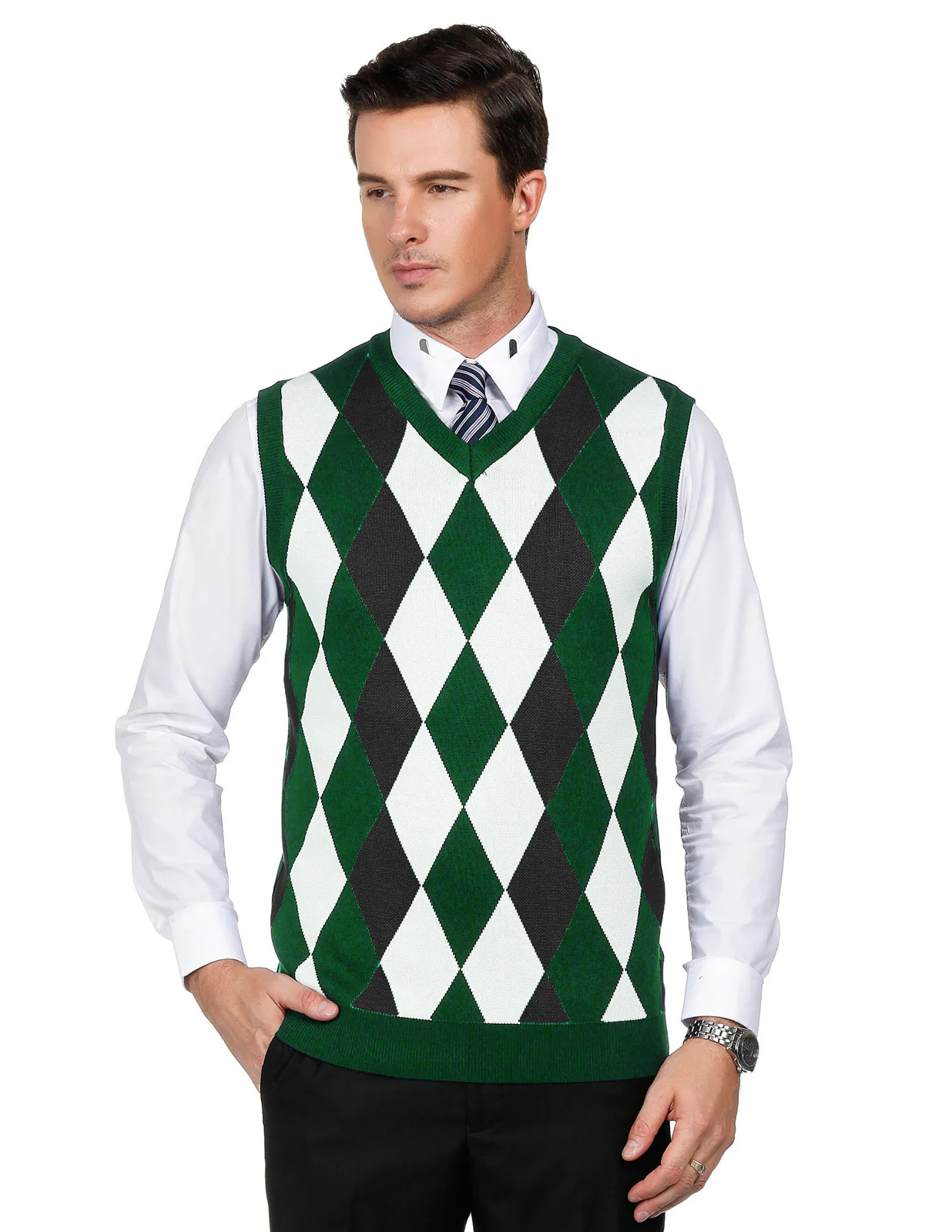 Men Stylish Sleeveless V-Neck Contrast Color Pullover Knitting Vest Knitwear - Image 14