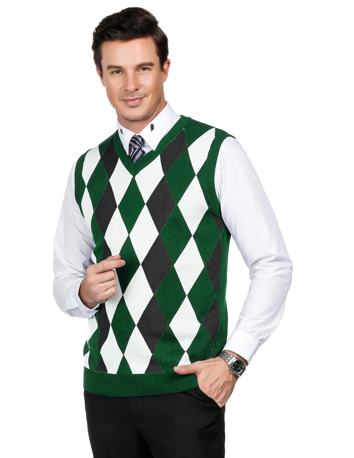 Men Stylish Sleeveless V-Neck Contrast Color Pullover Knitting Vest Knitwear - Image 15