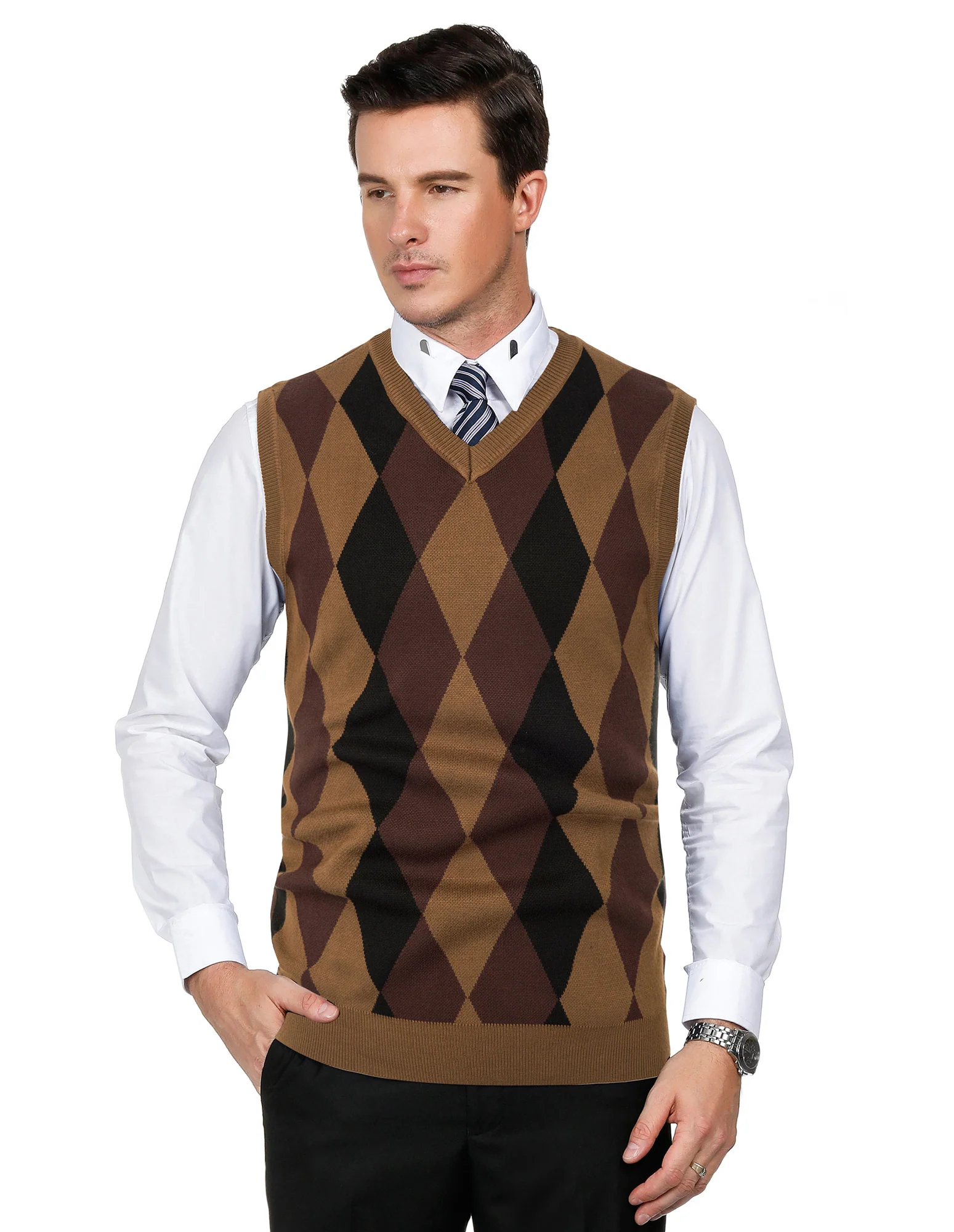 Men Stylish Sleeveless V-Neck Contrast Color Pullover Knitting Vest Knitwear - Image 19