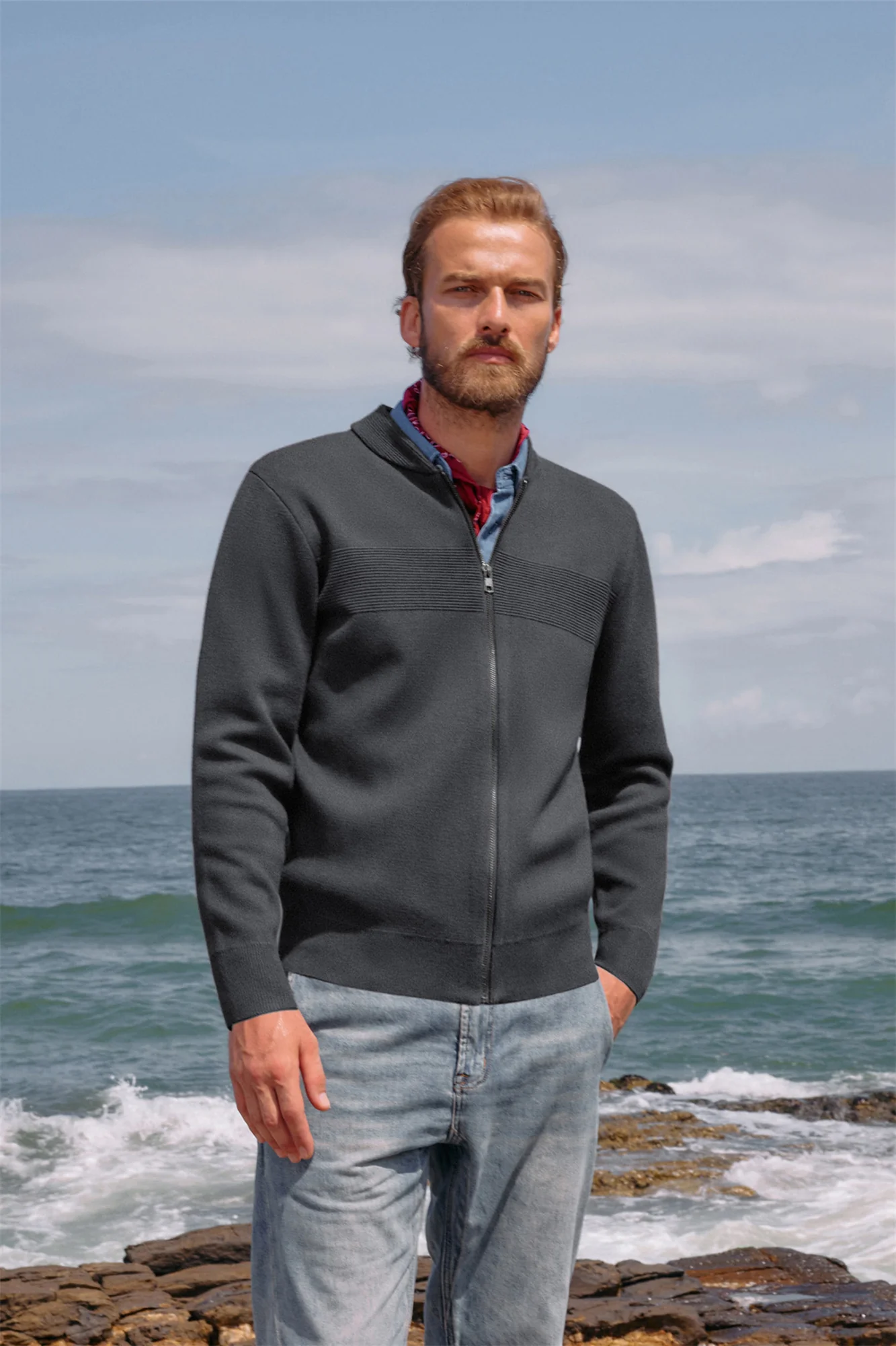 Men's Full Zip Up Sweater Casual Stand Collar Cardigan Lightweight Knit Jacket - Image 10