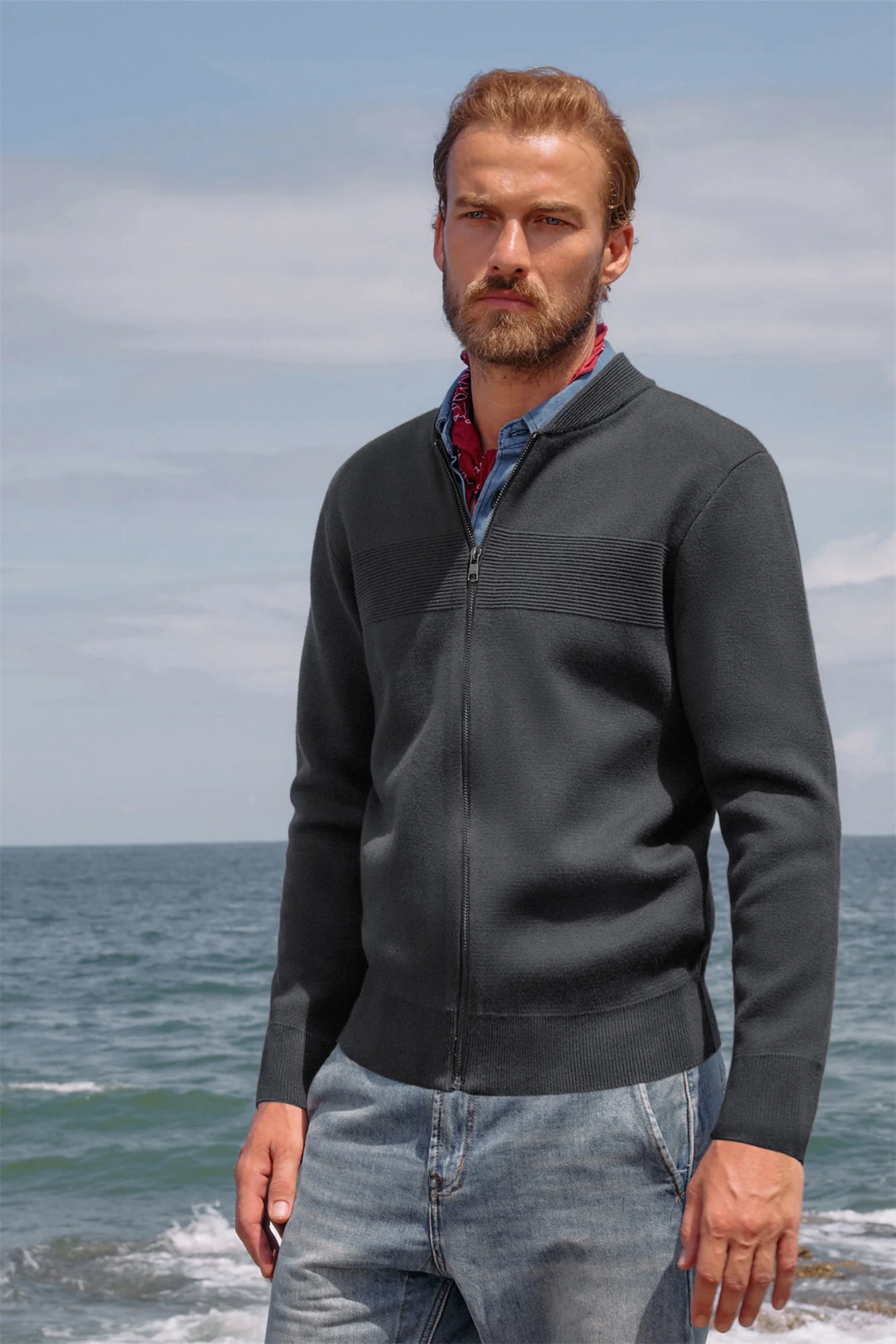Men's Full Zip Up Sweater Casual Stand Collar Cardigan Lightweight Knit Jacket - Image 11