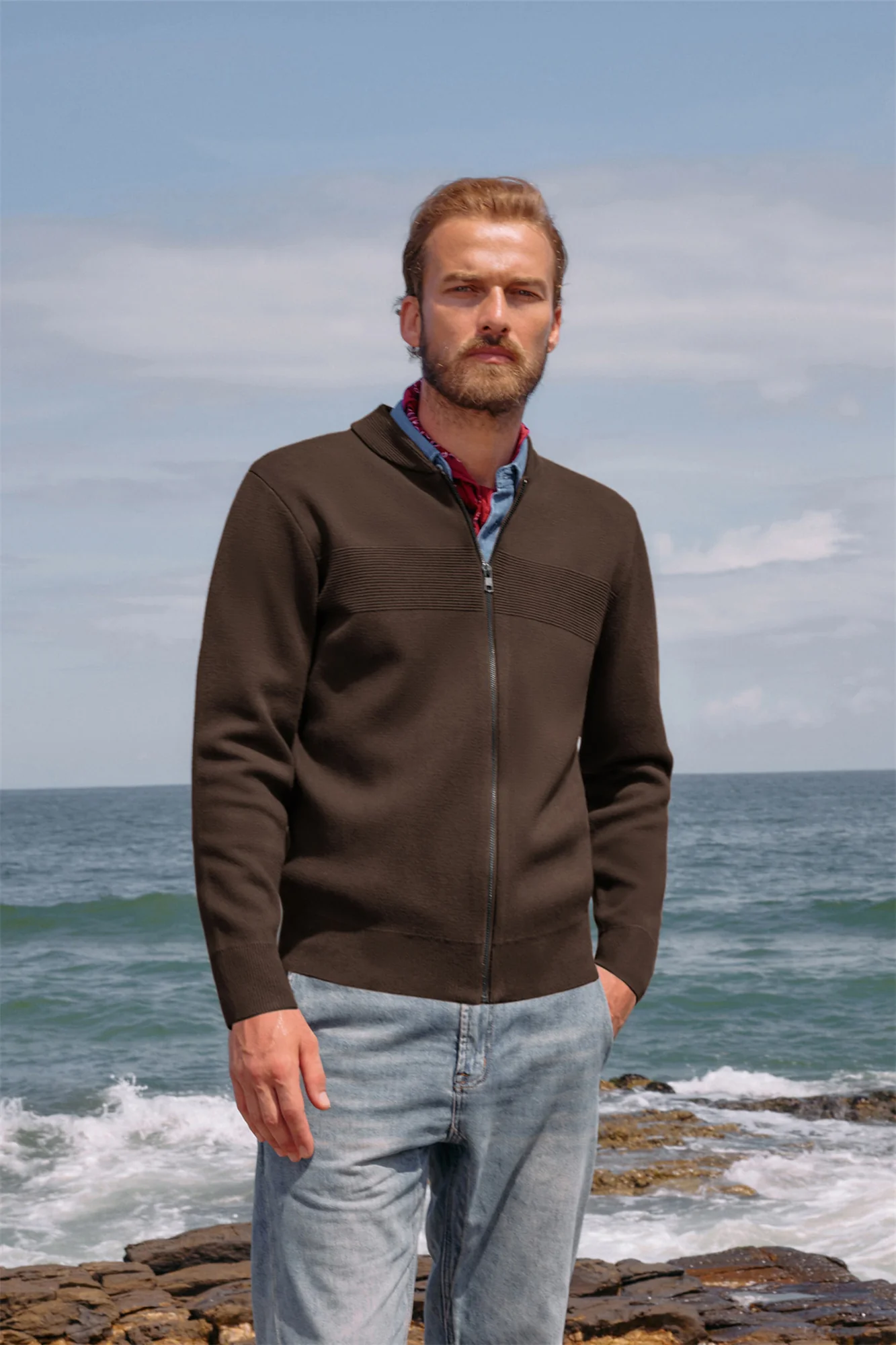 Men's Full Zip Up Sweater Casual Stand Collar Cardigan Lightweight Knit Jacket - Image 14