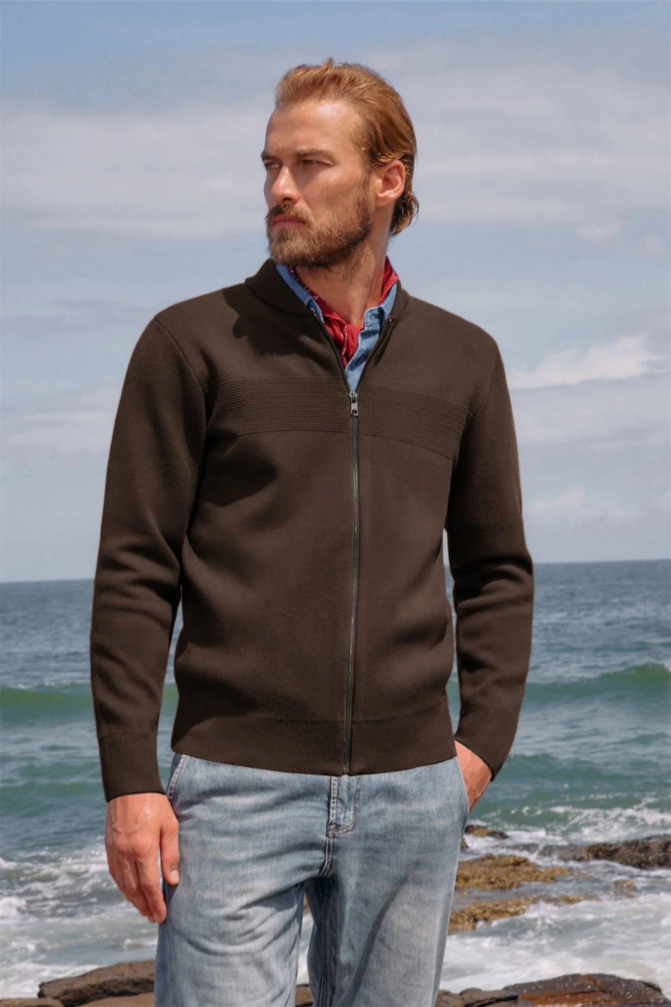Men's Full Zip Up Sweater Casual Stand Collar Cardigan Lightweight Knit Jacket - Image 15