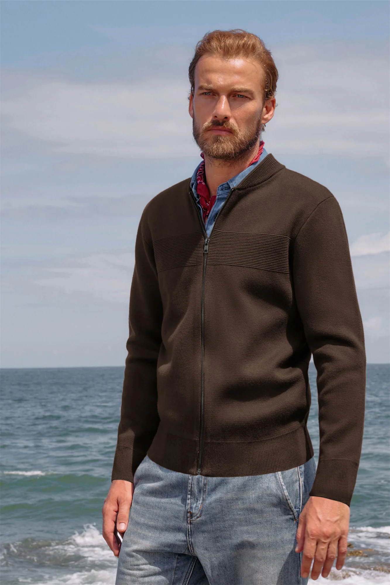 Men's Full Zip Up Sweater Casual Stand Collar Cardigan Lightweight Knit Jacket - Image 16