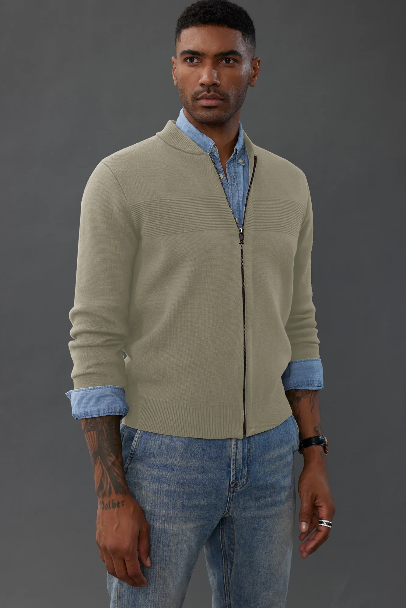 Men's Full Zip Up Sweater Casual Stand Collar Cardigan Lightweight Knit Jacket - Image 19