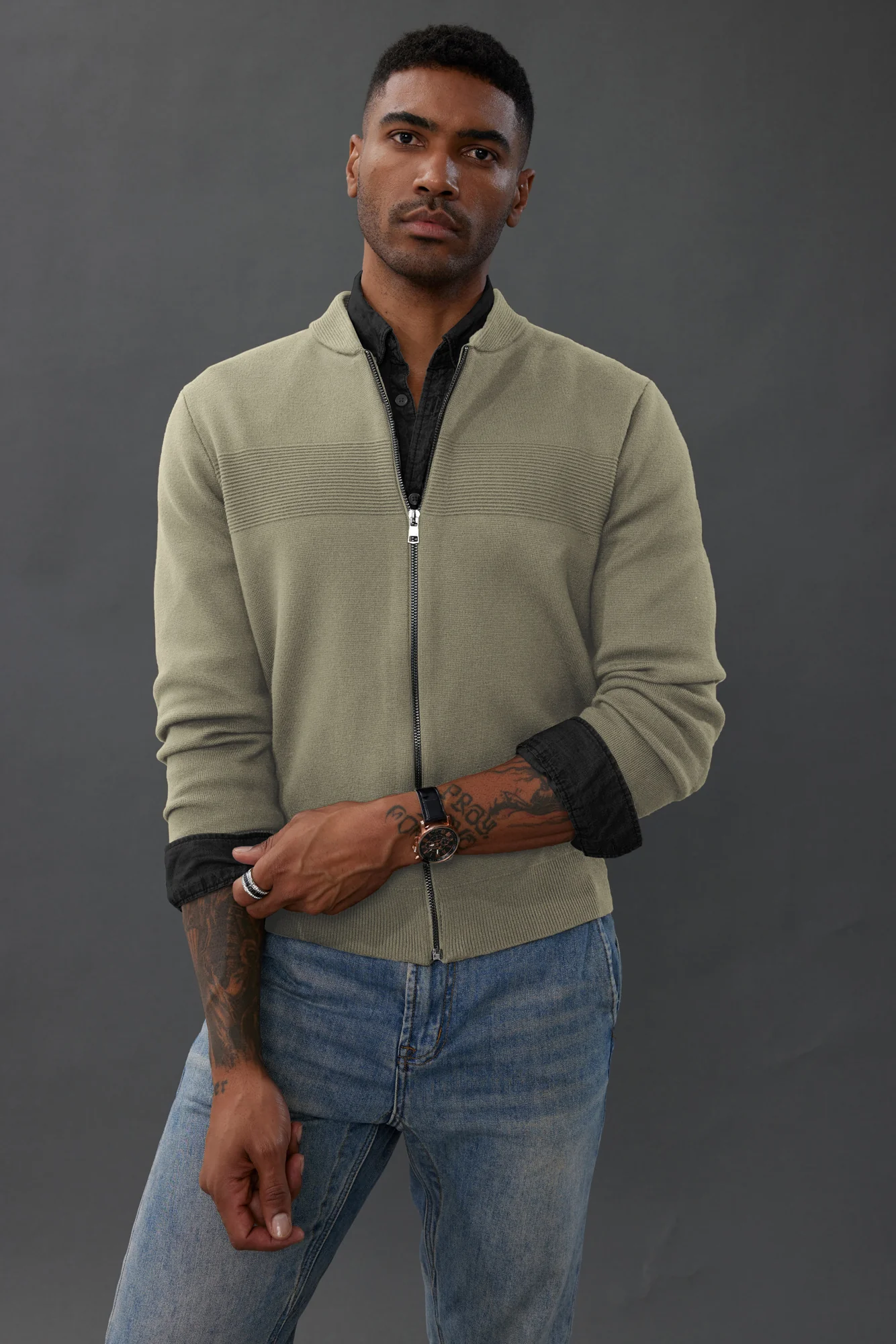 Men's Full Zip Up Sweater Casual Stand Collar Cardigan Lightweight Knit Jacket - Image 20