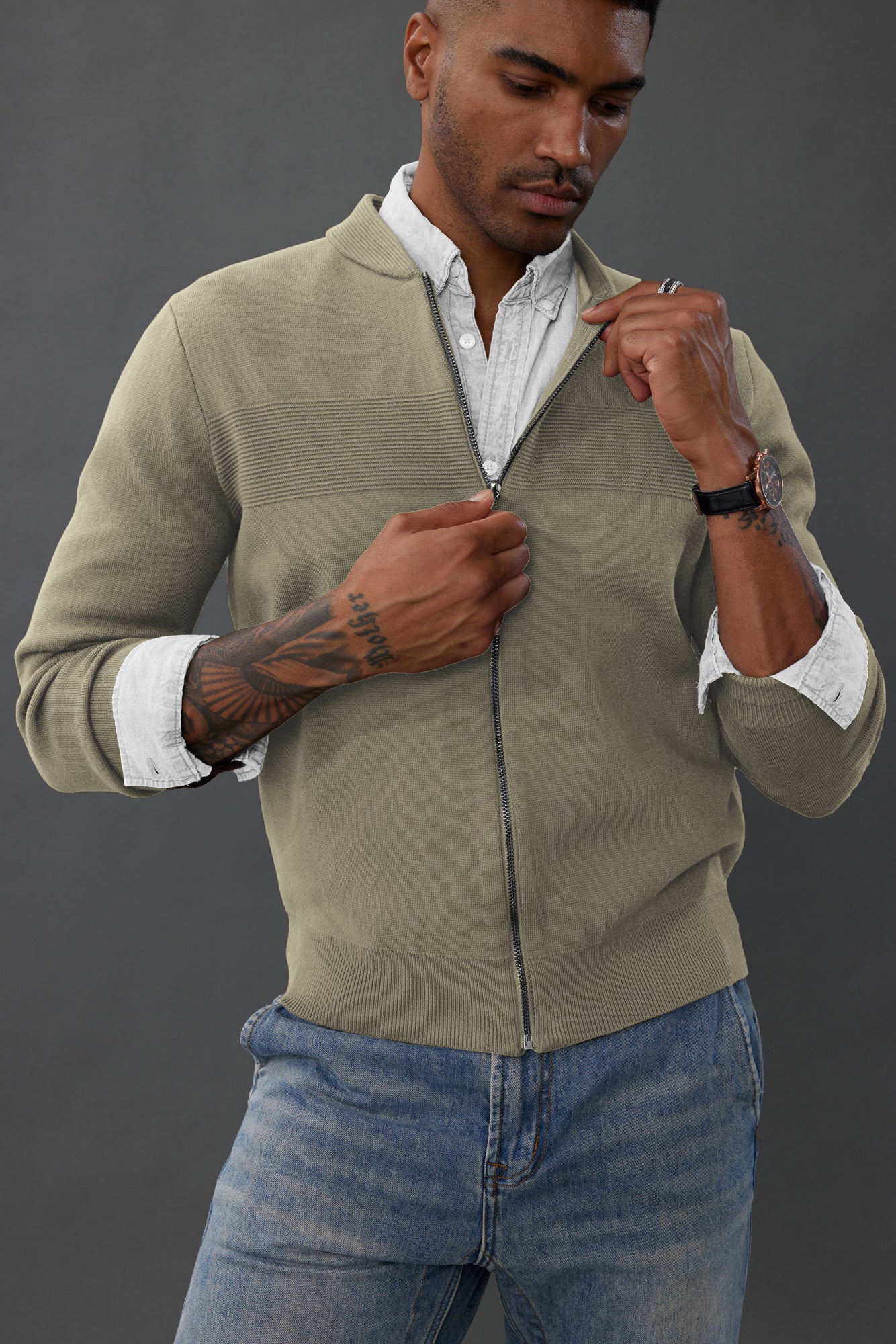 Men's Full Zip Up Sweater Casual Stand Collar Cardigan Lightweight Knit Jacket - Image 21