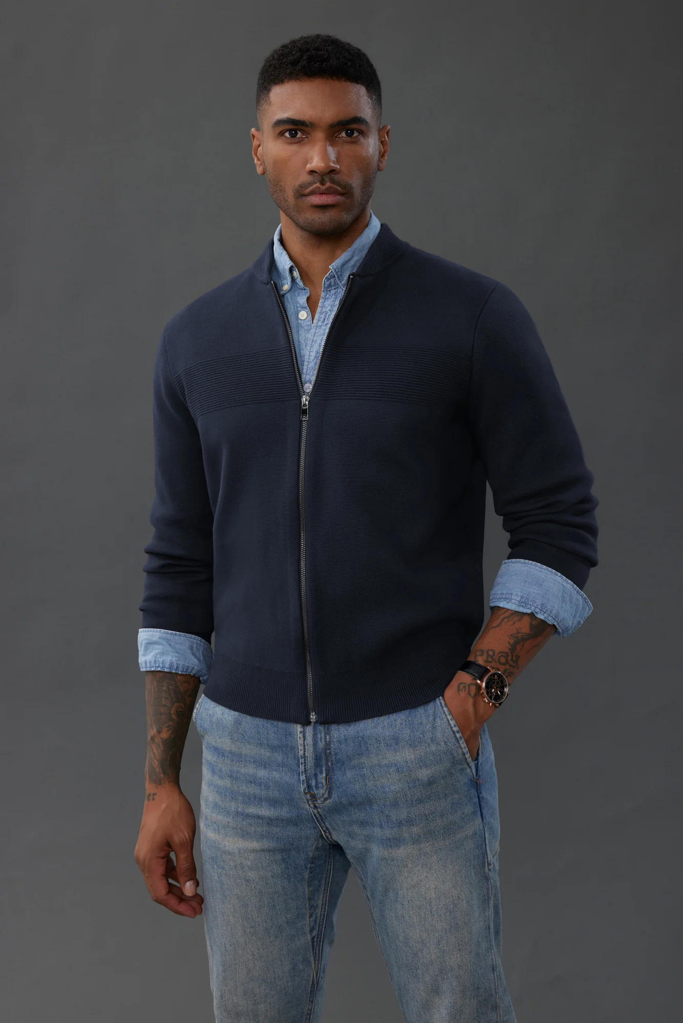 Men's Full Zip Up Sweater Casual Stand Collar Cardigan Lightweight Knit Jacket - Image 24