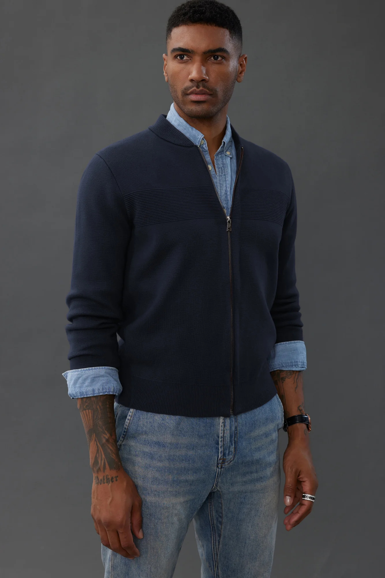 Men's Full Zip Up Sweater Casual Stand Collar Cardigan Lightweight Knit Jacket - Image 25