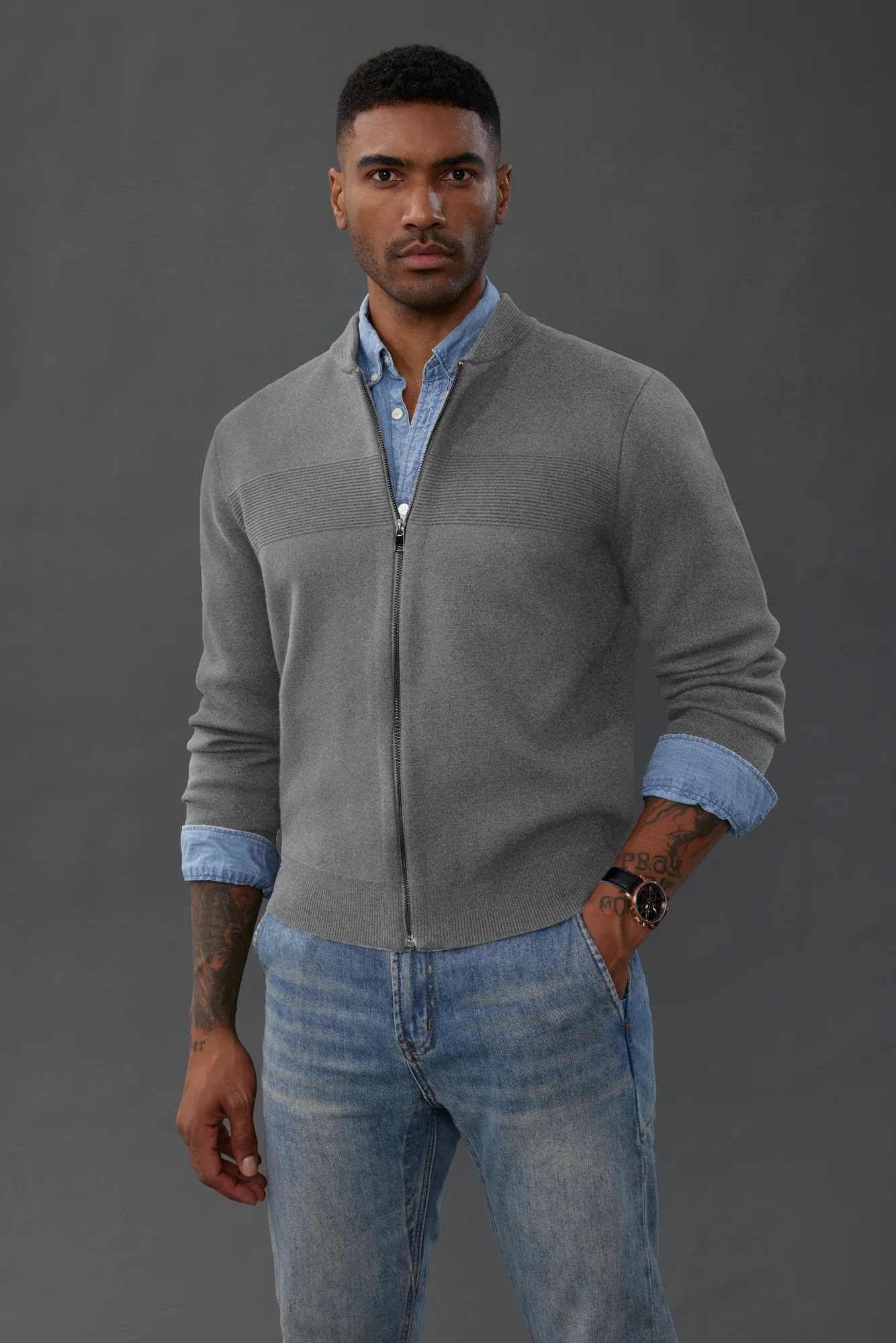 Men's Full Zip Up Sweater Casual Stand Collar Cardigan Lightweight Knit Jacket - Image 30