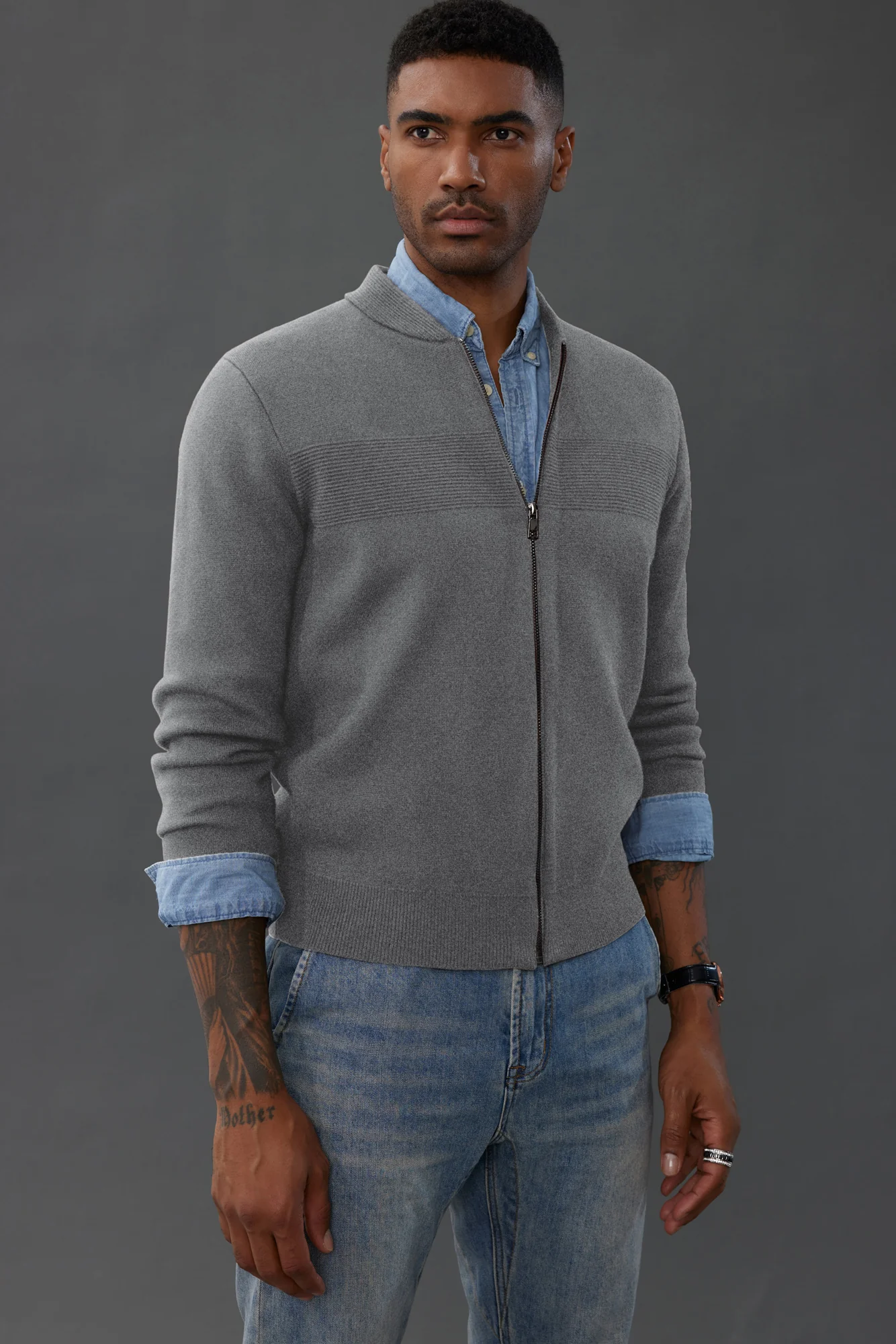 Men's Full Zip Up Sweater Casual Stand Collar Cardigan Lightweight Knit Jacket - Image 31