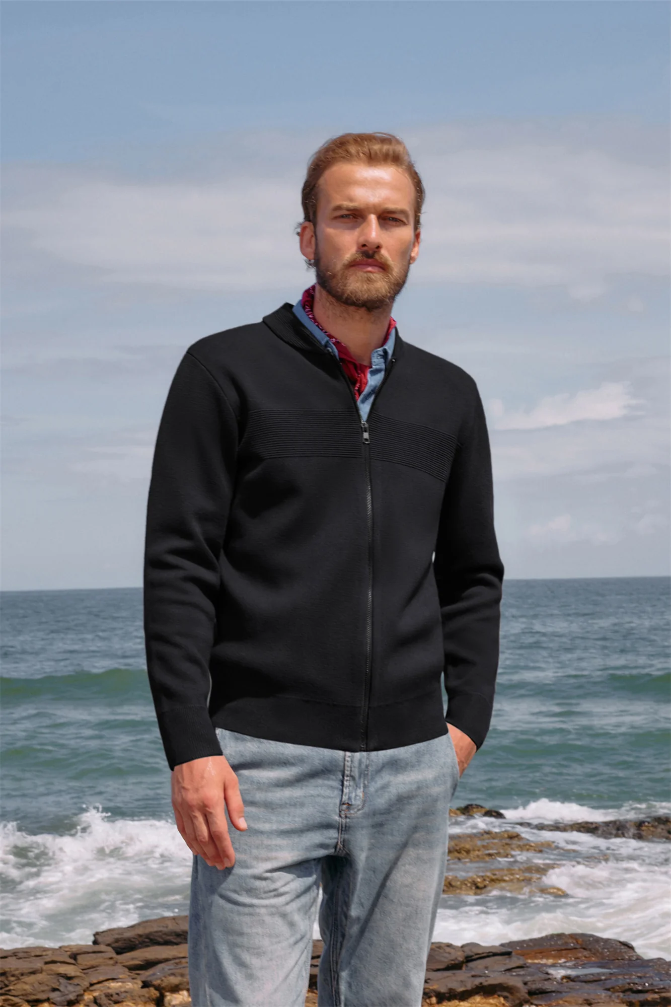 Men's Full Zip Up Sweater Casual Stand Collar Cardigan Lightweight Knit Jacket - Image 5