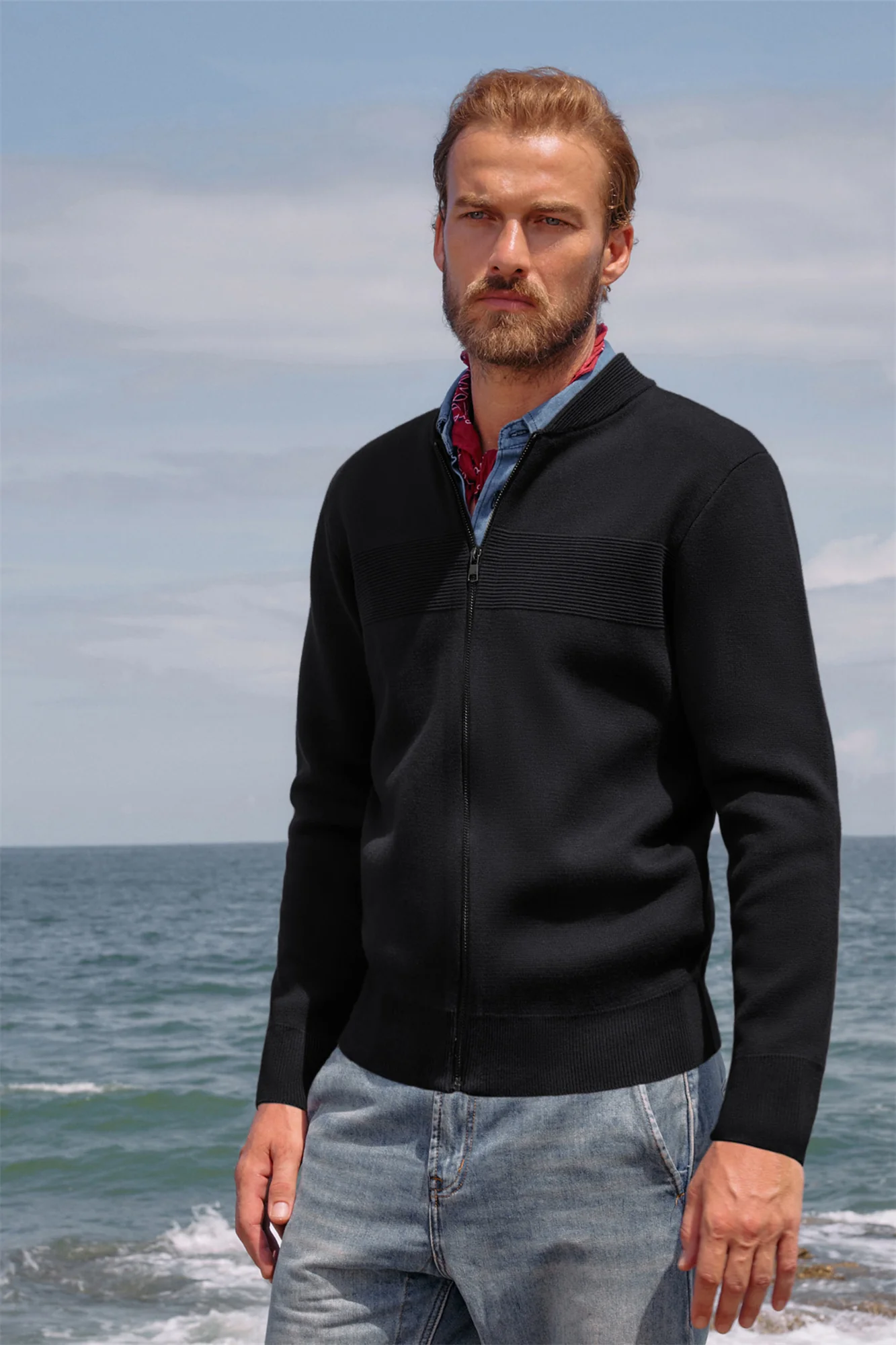 Men's Full Zip Up Sweater Casual Stand Collar Cardigan Lightweight Knit Jacket - Image 6