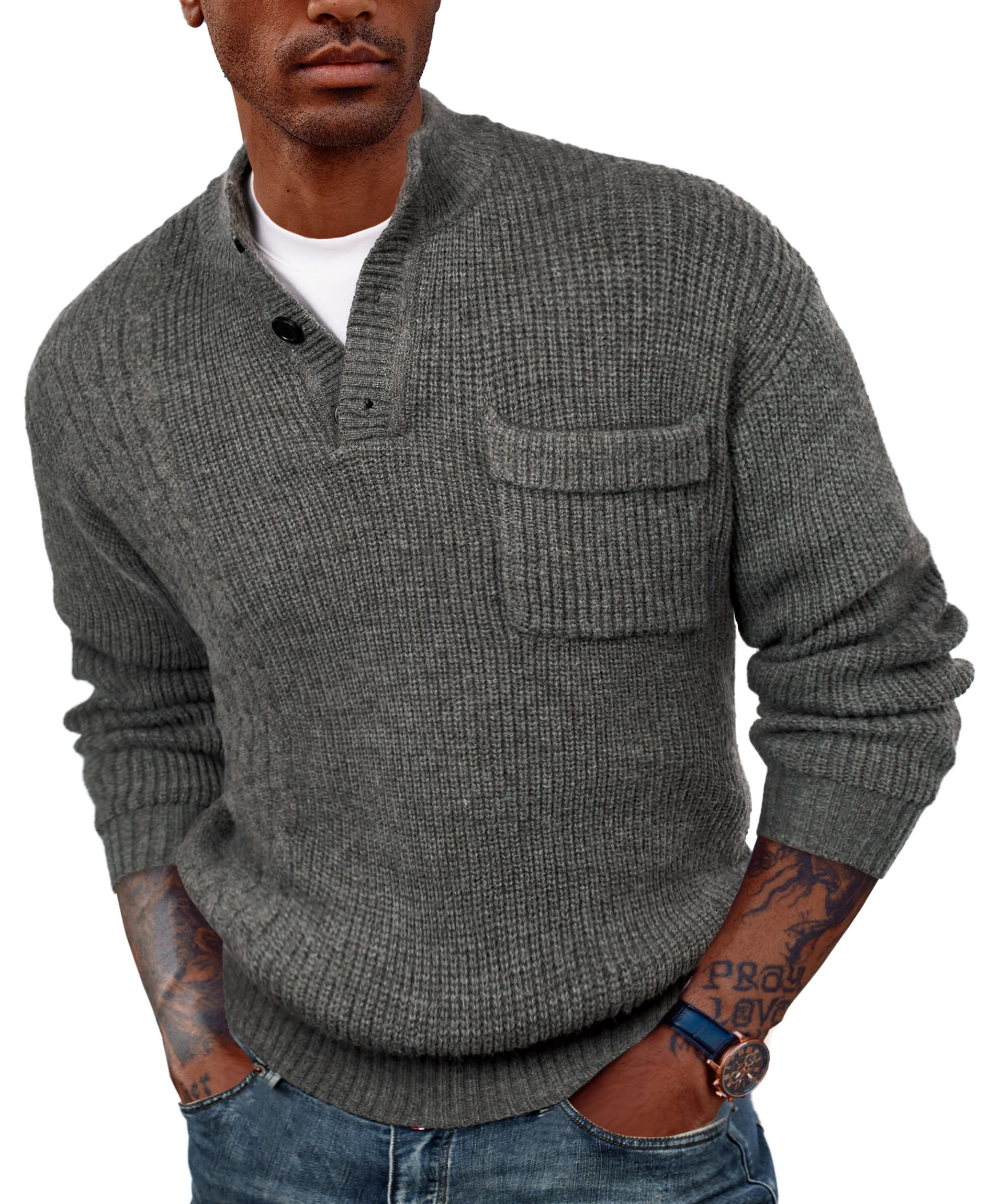 Men's Quarter Button Sweater Stand Collar Knitted Pullover Henley Sweater with Pocket - Image 10