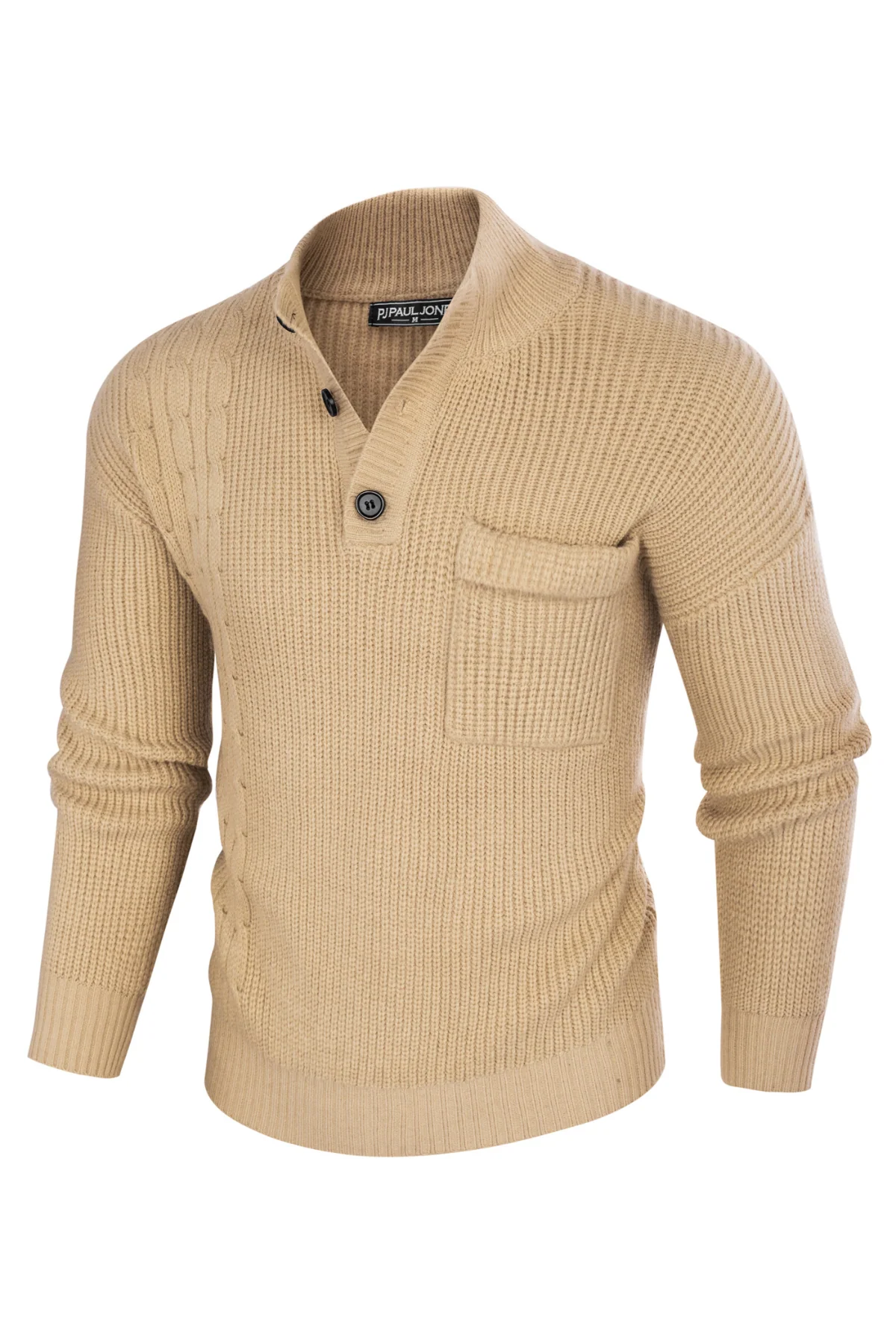 Men's Quarter Button Sweater Stand Collar Knitted Pullover Henley Sweater with Pocket - Image 12
