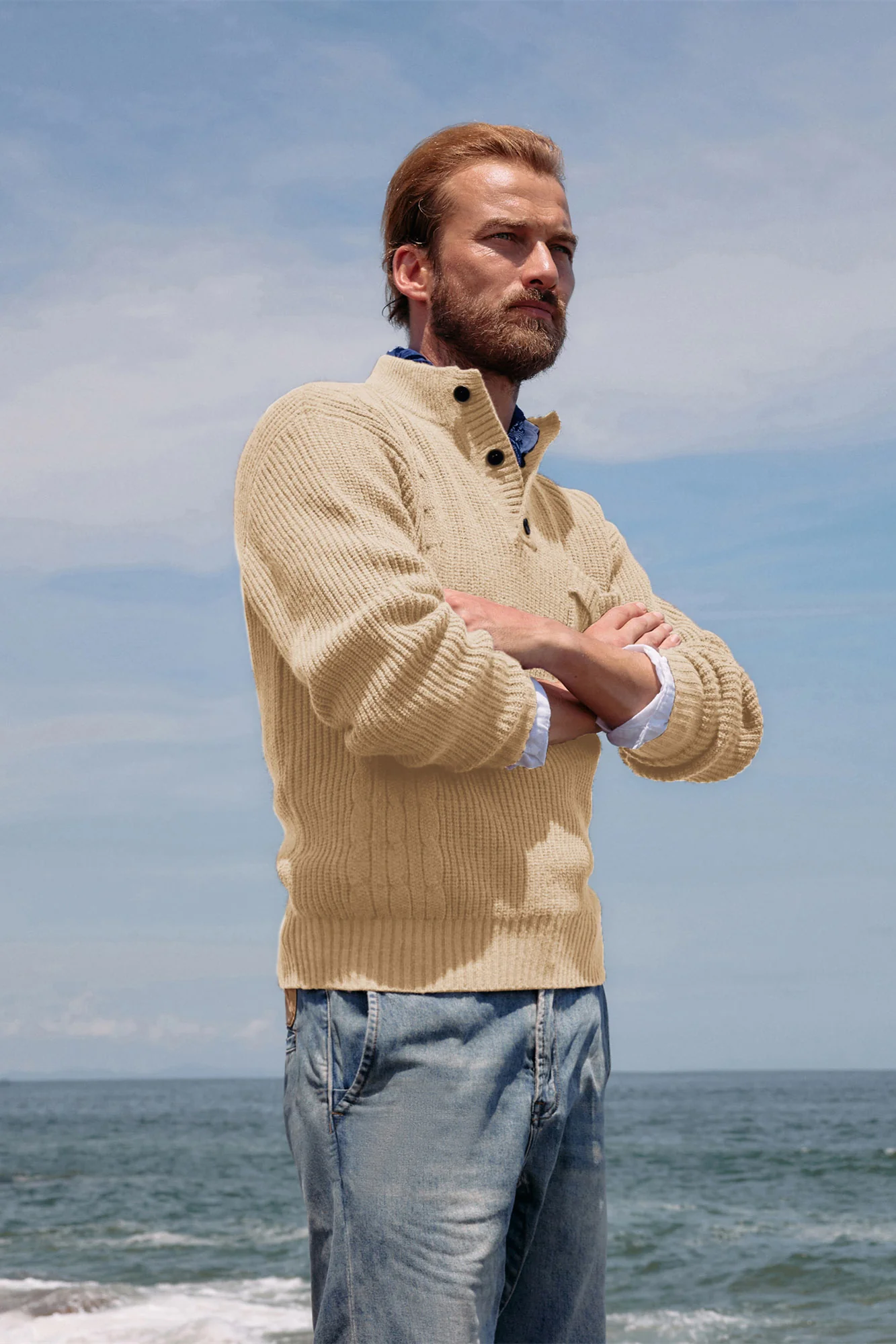 Men's Quarter Button Sweater Stand Collar Knitted Pullover Henley Sweater with Pocket - Image 13