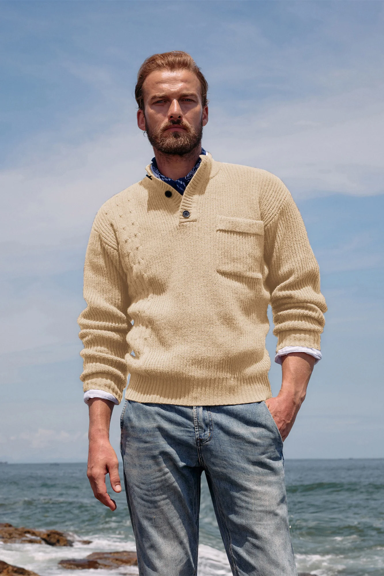Men's Quarter Button Sweater Stand Collar Knitted Pullover Henley Sweater with Pocket - Image 14