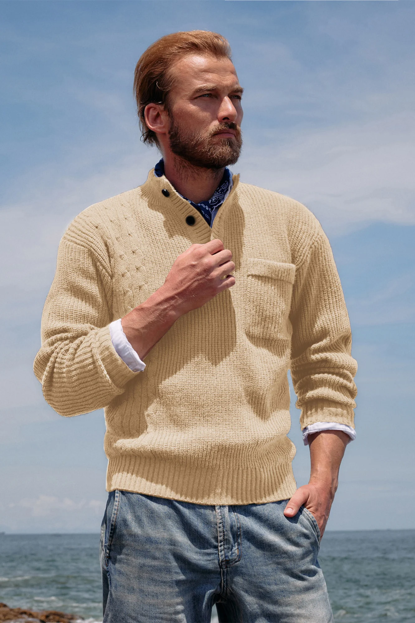 Men's Quarter Button Sweater Stand Collar Knitted Pullover Henley Sweater with Pocket - Image 15