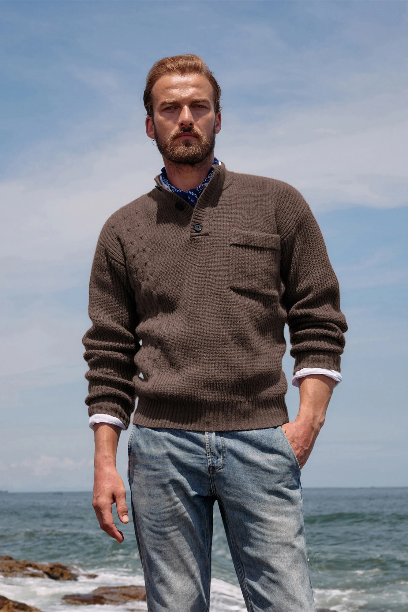 Men's Quarter Button Sweater Stand Collar Knitted Pullover Henley Sweater with Pocket - Image 19