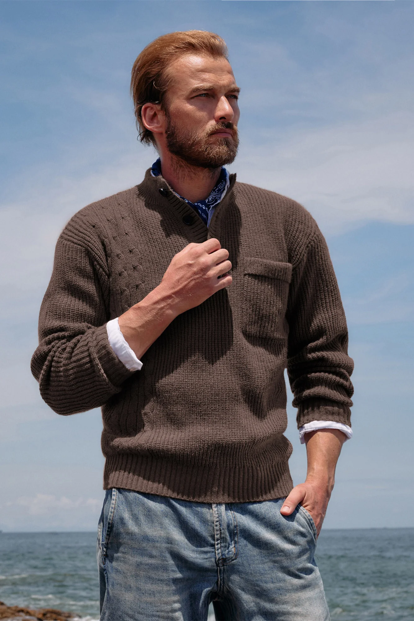 Men's Quarter Button Sweater Stand Collar Knitted Pullover Henley Sweater with Pocket - Image 20
