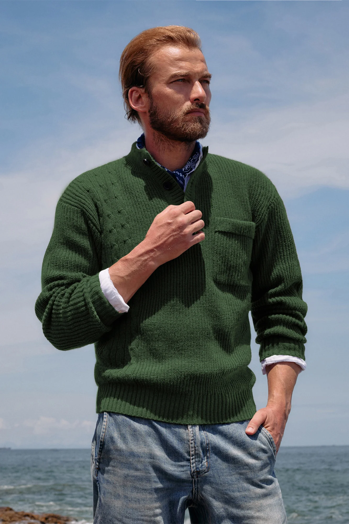 Men's Quarter Button Sweater Stand Collar Knitted Pullover Henley Sweater with Pocket - Image 24