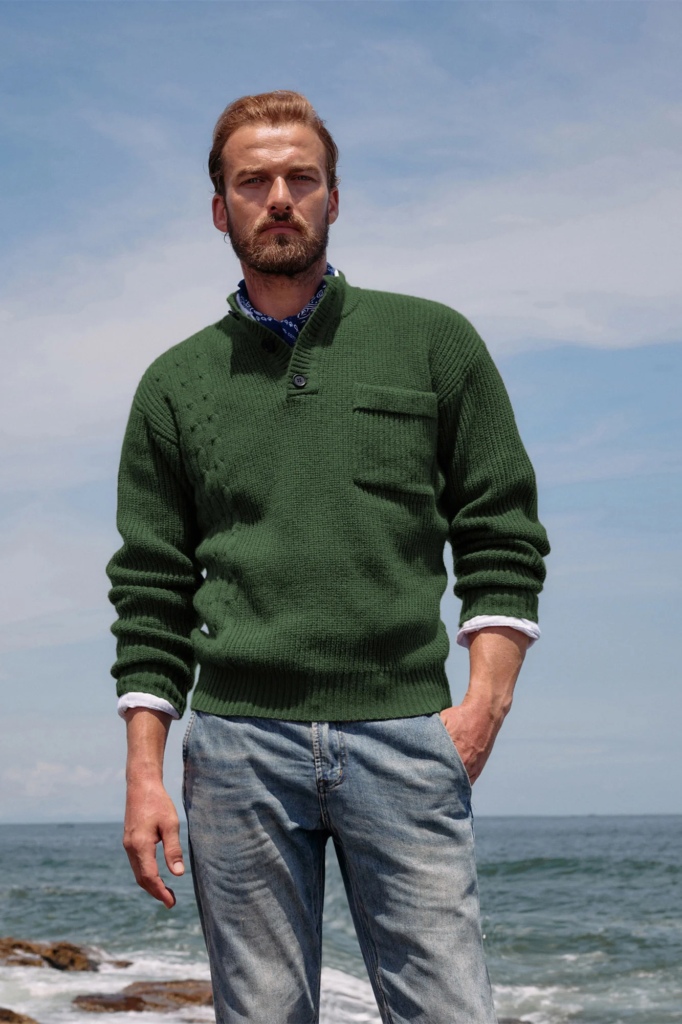 Men's Quarter Button Sweater Stand Collar Knitted Pullover Henley Sweater with Pocket - Image 25