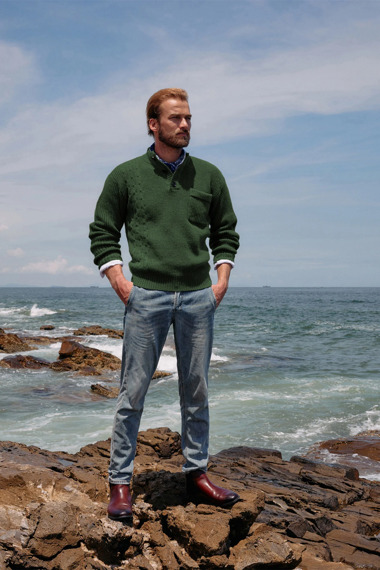 Men's Quarter Button Sweater Stand Collar Knitted Pullover Henley Sweater with Pocket - Image 26