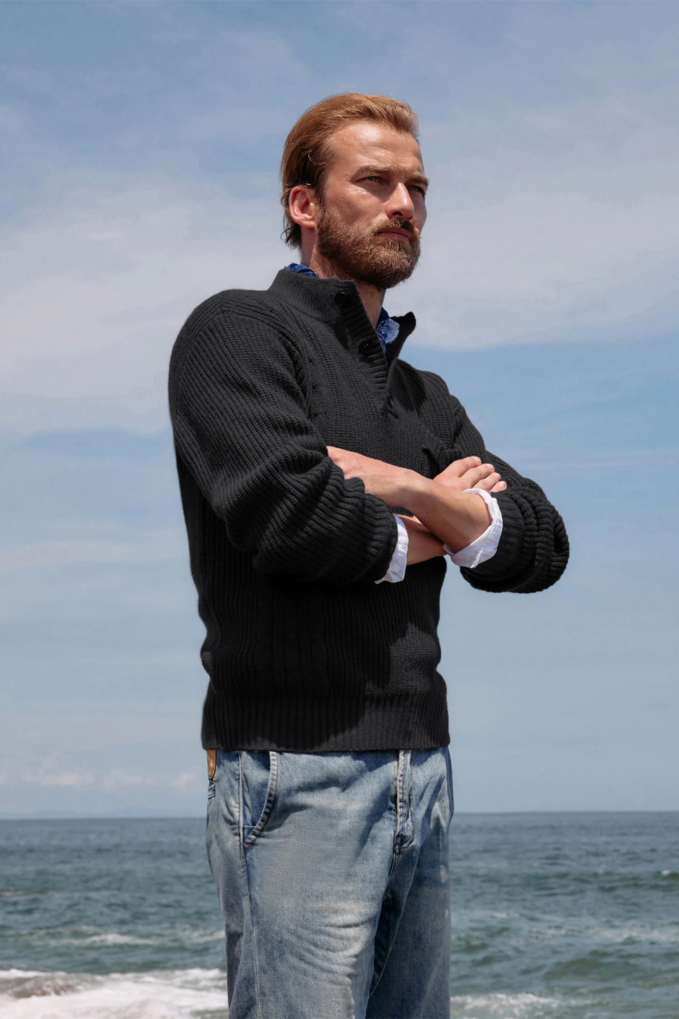 Men's Quarter Button Sweater Stand Collar Knitted Pullover Henley Sweater with Pocket - Image 5