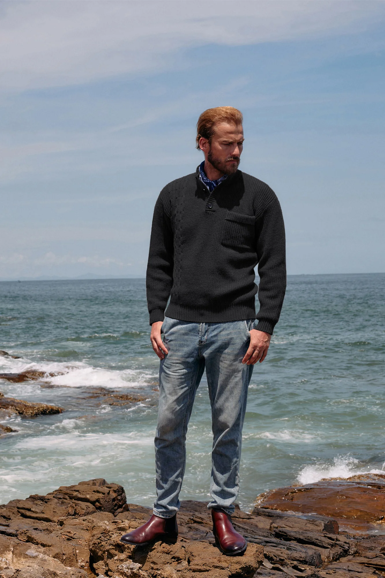 Men's Quarter Button Sweater Stand Collar Knitted Pullover Henley Sweater with Pocket - Image 6