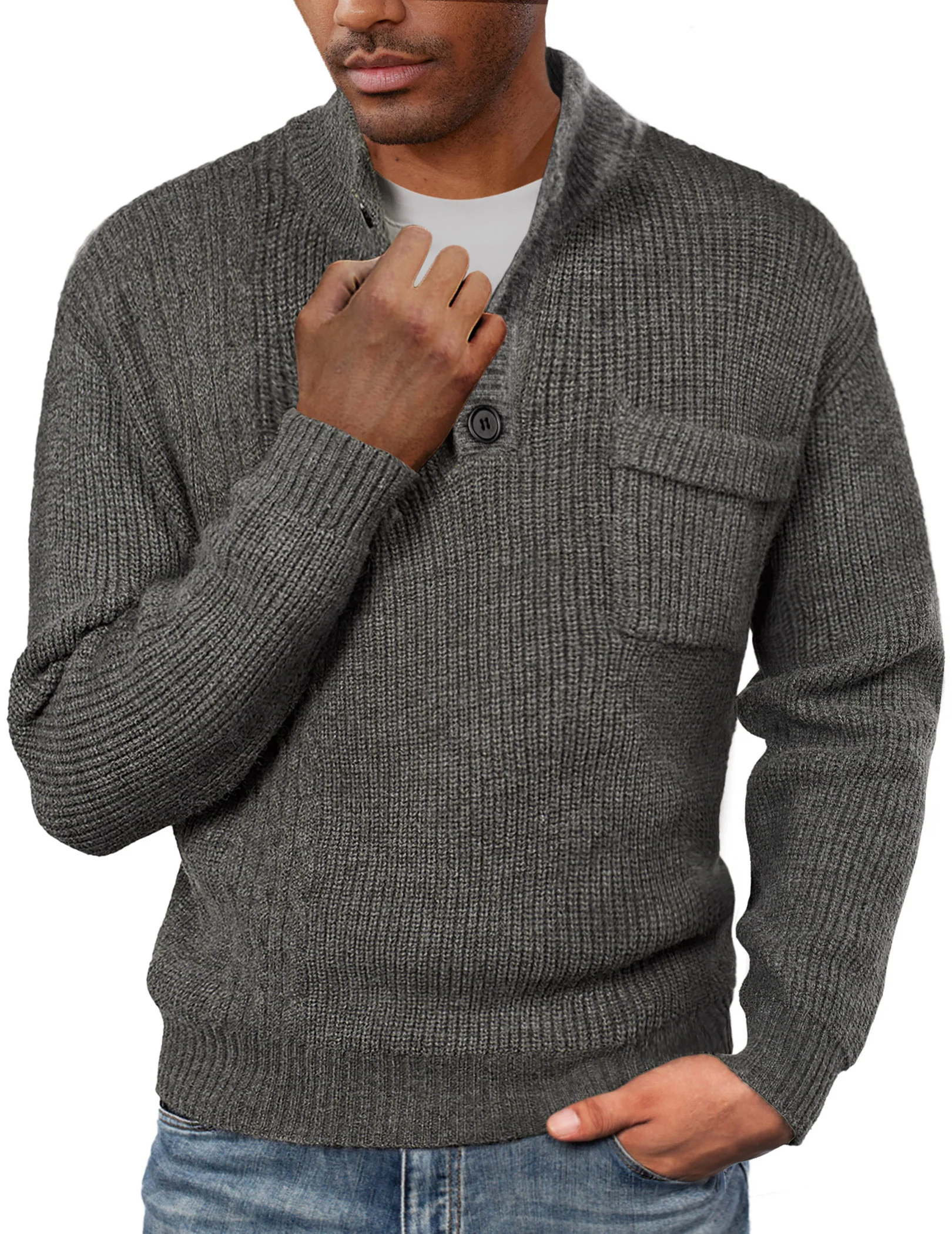 Men's Quarter Button Sweater Stand Collar Knitted Pullover Henley Sweater with Pocket - Image 9