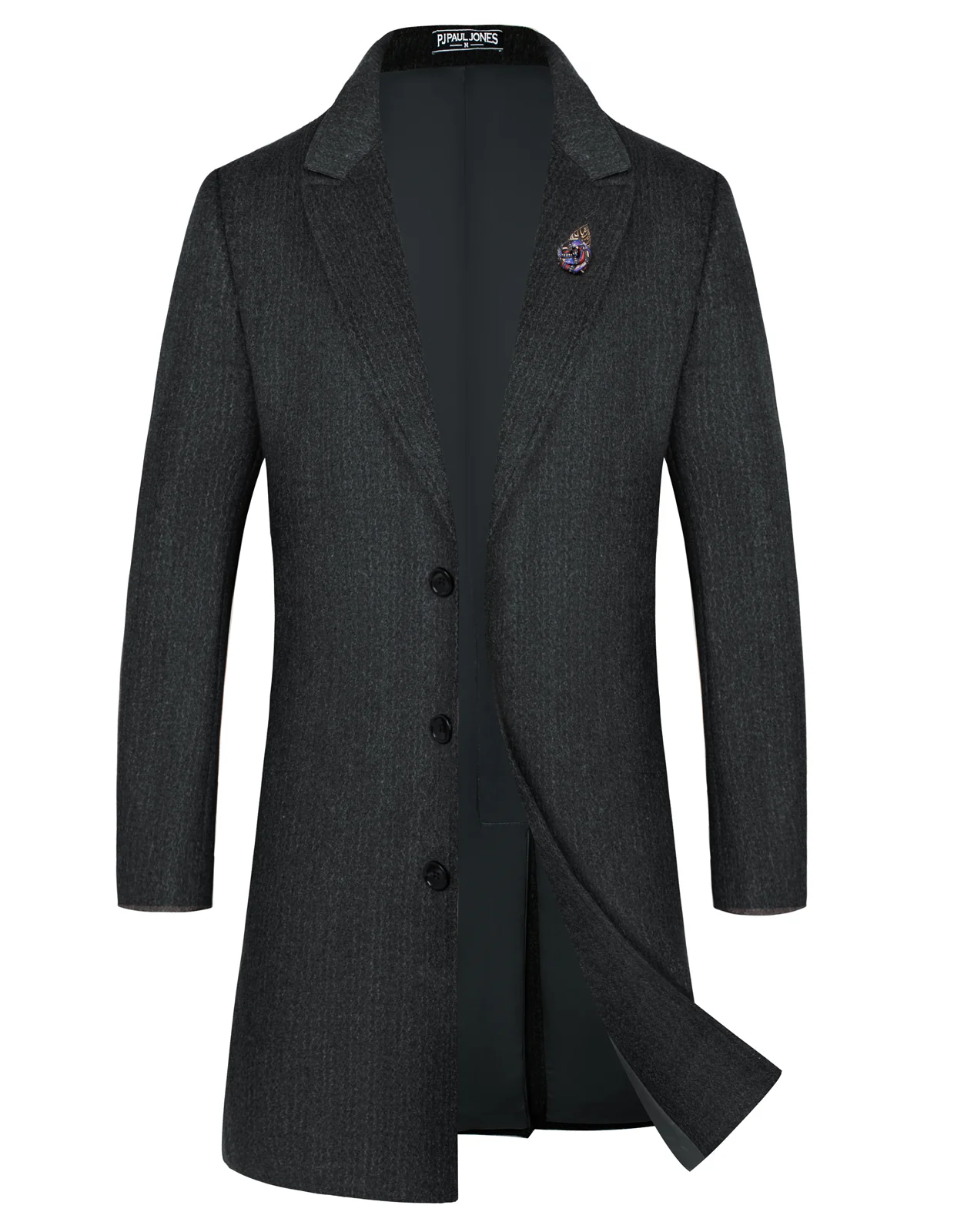 Men's Herringbone Wool Blend Long Overcoat Pea Coat with Brooch - Image 13