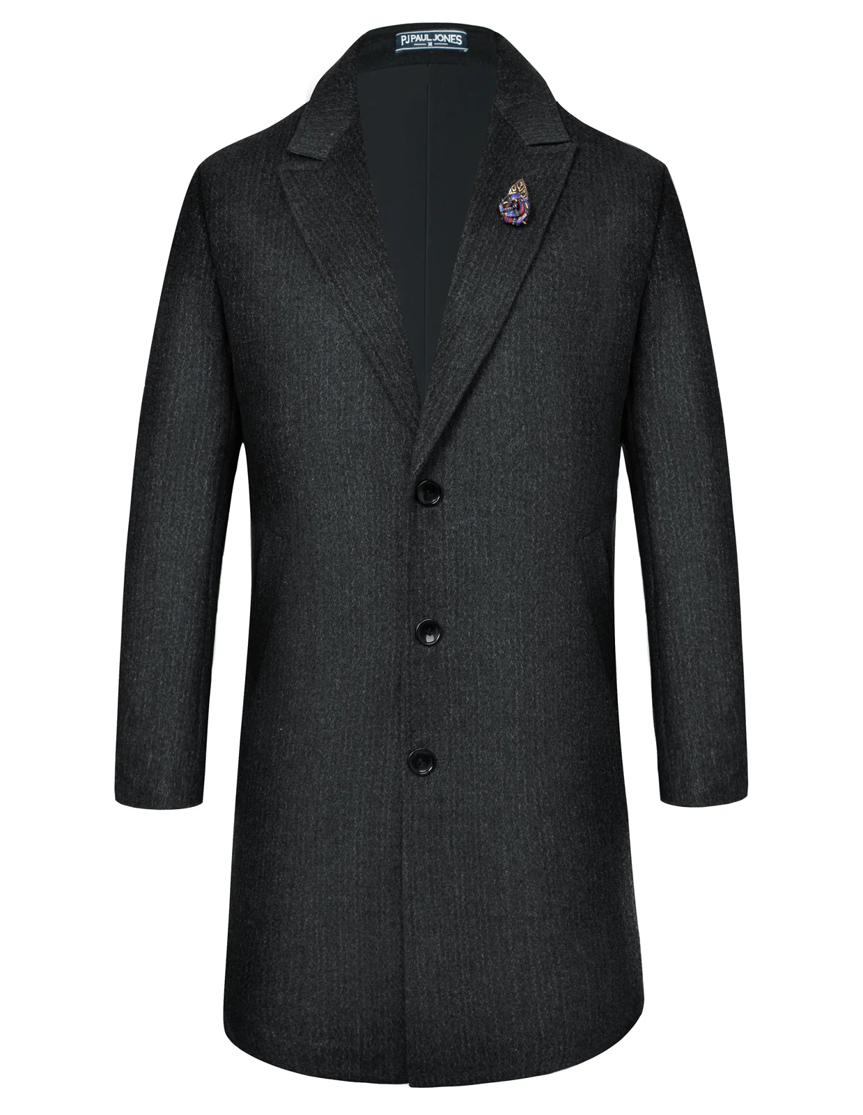 Men's Herringbone Wool Blend Long Overcoat Pea Coat with Brooch - Image 14